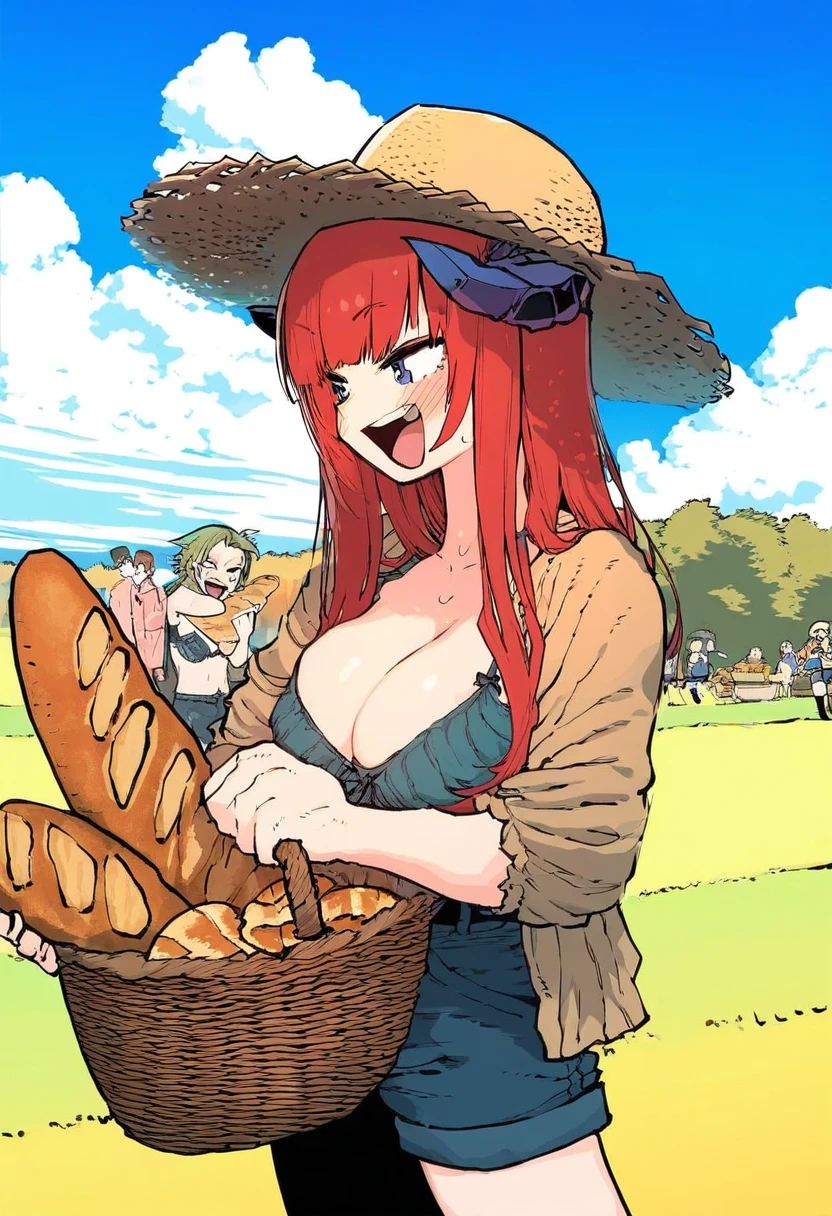 [[mo \(kireinamo\)]],((maki keigo)),[ningen mame],[maeshima shigeki],(ssambatea),(ebimomo),[[miyoshi yoshimi]],[[azuuru]], - 1girl,bagpipe \(arknights\),arknights,baguette,blush,bread,croissant,holding basket,pretzel,upper body,straw hat,field,sky,laughing,sweat,sunlight,