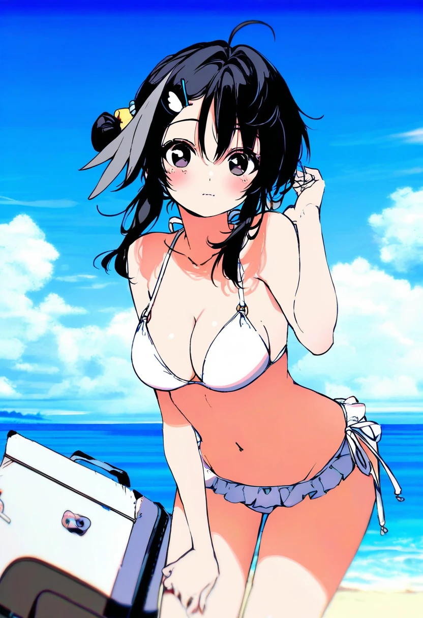 [[shuri \(84k\)]],[[necomi]],((natsuki teru)),kawacy,[risui \(suzu rks\)],[nakano maru],[dede \(qwea 00000\)],[takitarou], - 1girl,la pluma \(summer flowers\) \(arknights\),arknights,white bikini,outdoors,navel,day,sky,blue sky,beach,suitcase,looking at viewer,ocean,low-tied long hair,leaning forward,standing,holding,frills,hand up,bare shoulders,floating hair,