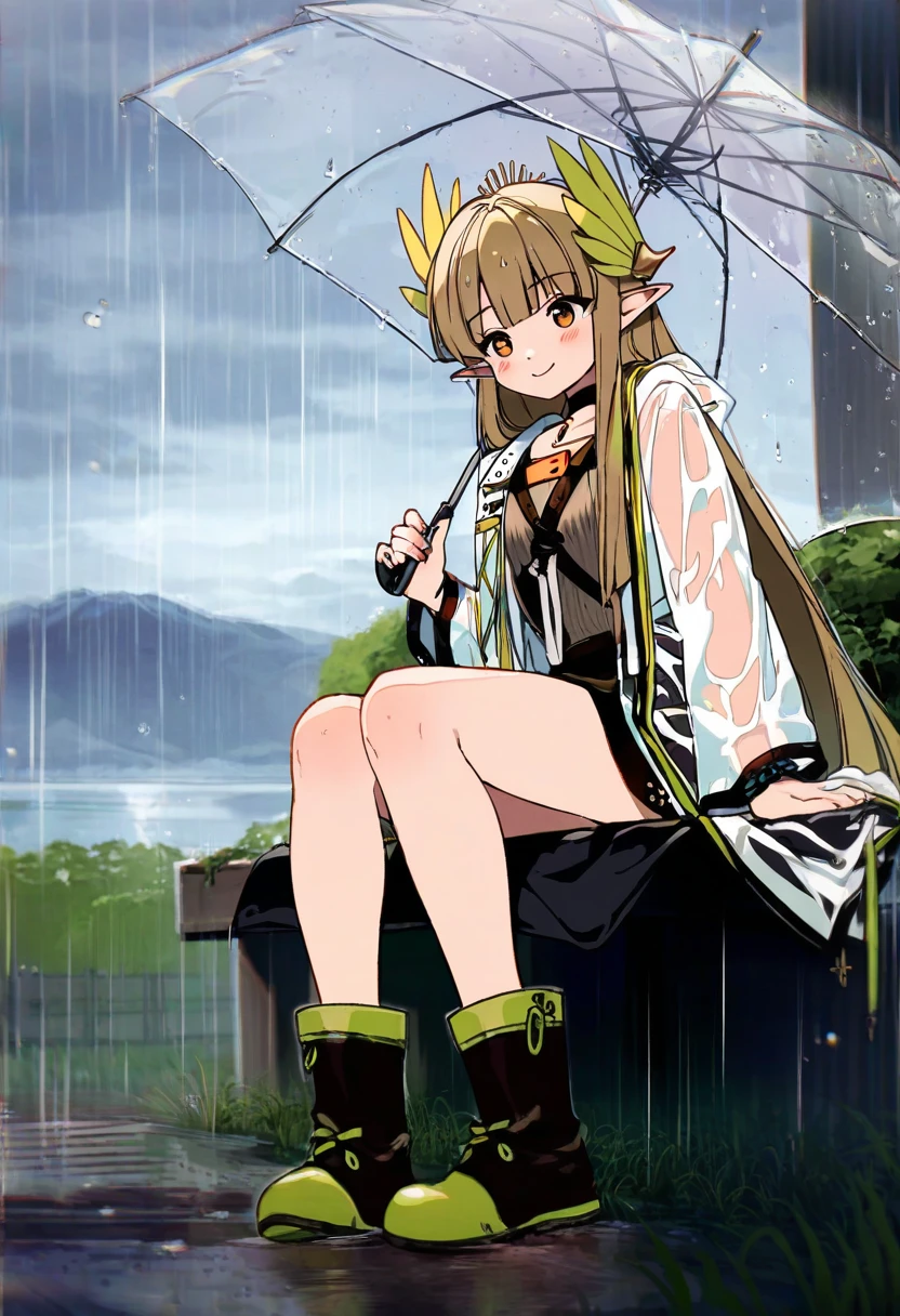 [[shuri \(84k\)]],[[necomi]],((natsuki teru)),kawacy,[risui \(suzu rks\)],[nakano maru],[dede \(qwea 00000\)],[takitarou], - 1girl,muelsyse \(arknights\),arknights,cloudy sky,grass,on bench,outdoors,rain,road,yellow rubber boots,see-through coat,sitting,transparent raincoat,water drop,