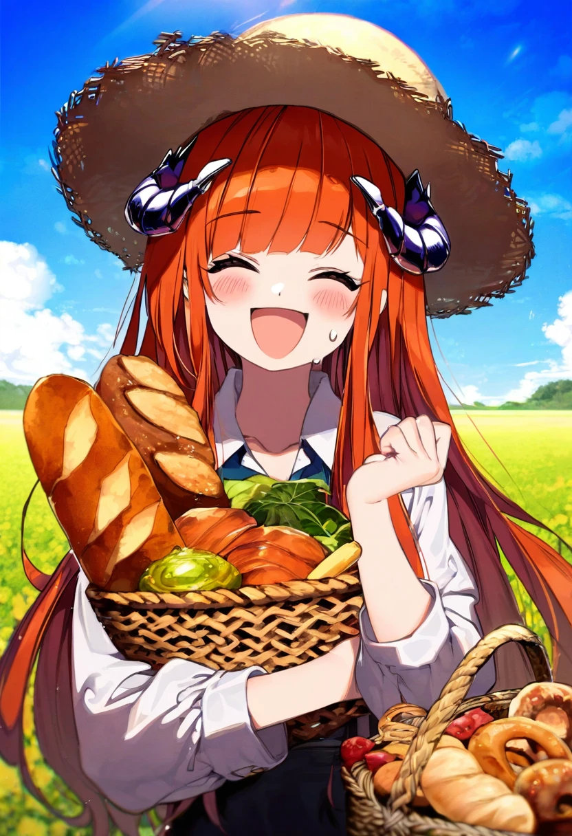 [[shuri \(84k\)]],[[necomi]],((natsuki teru)),kawacy,[risui \(suzu rks\)],[nakano maru],[dede \(qwea 00000\)],[takitarou], - 1girl,bagpipe \(arknights\),arknights,baguette,blush,bread,croissant,holding basket,pretzel,upper body,straw hat,field,sky,laughing,sweat,sunlight,