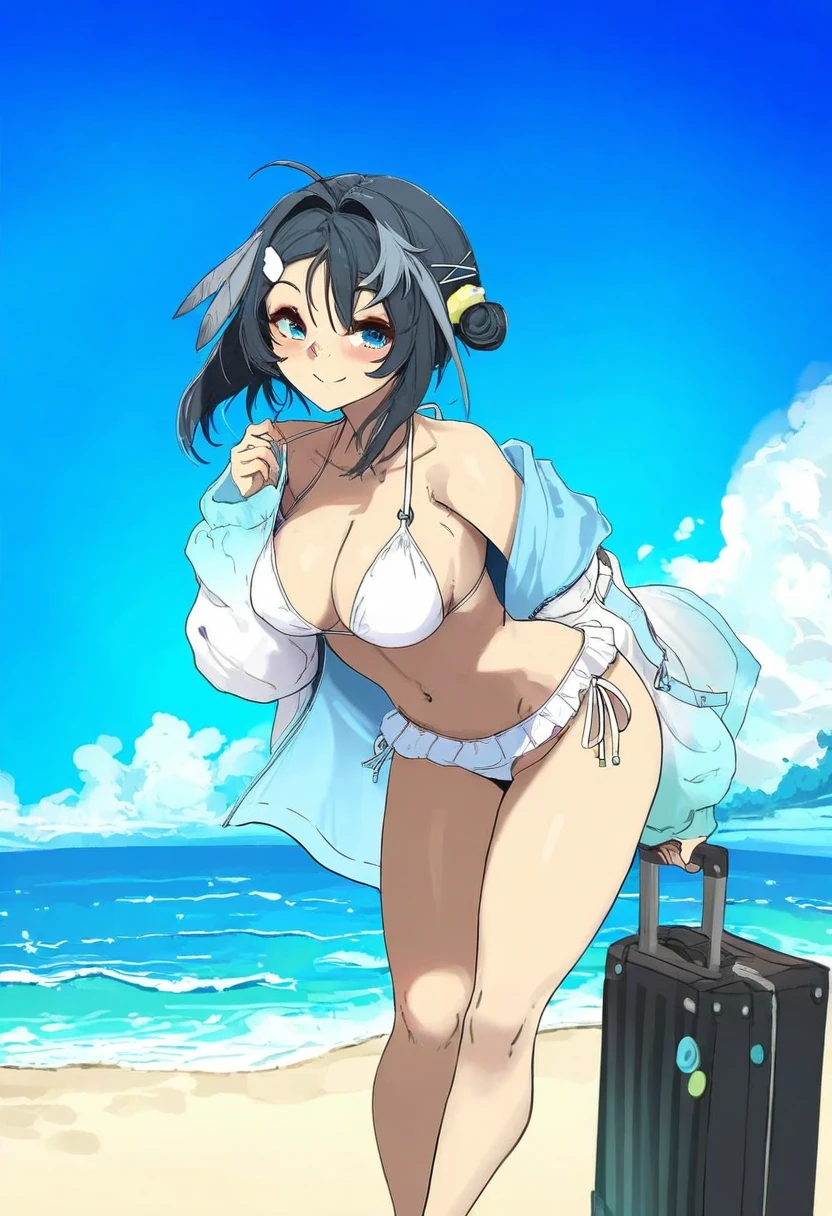 [[shuuko \(s h uuko\)]],((mura karuki)),((shacho \(ko no ha\))),((ocha \(popopogg\))),(cutesexyrobutts),[anmi],(kaorihero),[echj], - 1girl,la pluma \(summer flowers\) \(arknights\),arknights,white bikini,outdoors,navel,day,sky,blue sky,beach,suitcase,looking at viewer,ocean,low-tied long hair,leaning forward,standing,holding,frills,hand up,bare shoulders,floating hair,