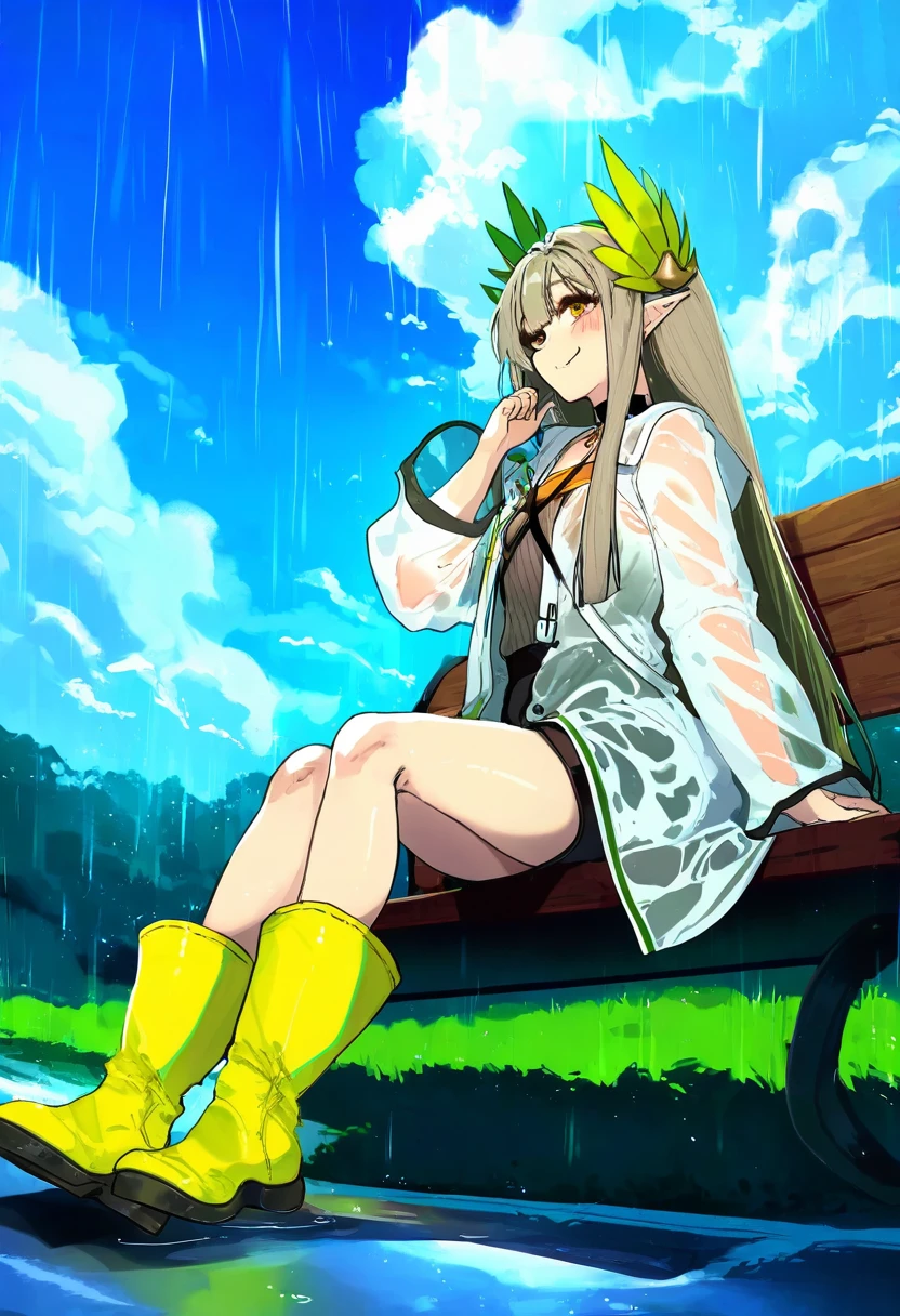 [[shuuko \(s h uuko\)]],((mura karuki)),((shacho \(ko no ha\))),((ocha \(popopogg\))),(cutesexyrobutts),[anmi],(kaorihero),[echj], - 1girl,muelsyse \(arknights\),arknights,cloudy sky,grass,on bench,outdoors,rain,road,yellow rubber boots,see-through coat,sitting,transparent raincoat,water drop,