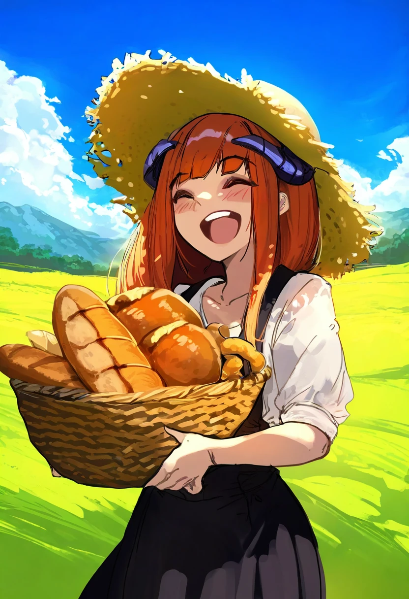 [[shuuko \(s h uuko\)]],((mura karuki)),((shacho \(ko no ha\))),((ocha \(popopogg\))),(cutesexyrobutts),[anmi],(kaorihero),[echj], - 1girl,bagpipe \(arknights\),arknights,baguette,blush,bread,croissant,holding basket,pretzel,upper body,straw hat,field,sky,laughing,sweat,sunlight,
