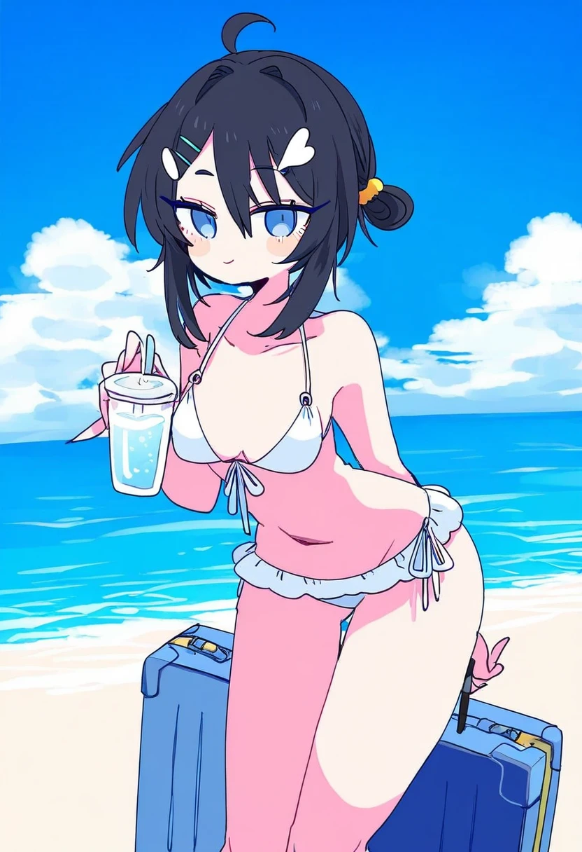 [[signalviolet]],(qi7pi),(baocaizi),[[6 \(yuchae\)]],(tobimura),misha \(ohds101\),(op na yarou),(momose \(oqo\)), - 1girl,la pluma \(summer flowers\) \(arknights\),arknights,white bikini,outdoors,navel,day,sky,blue sky,beach,suitcase,looking at viewer,ocean,low-tied long hair,leaning forward,standing,holding,frills,hand up,bare shoulders,floating hair,