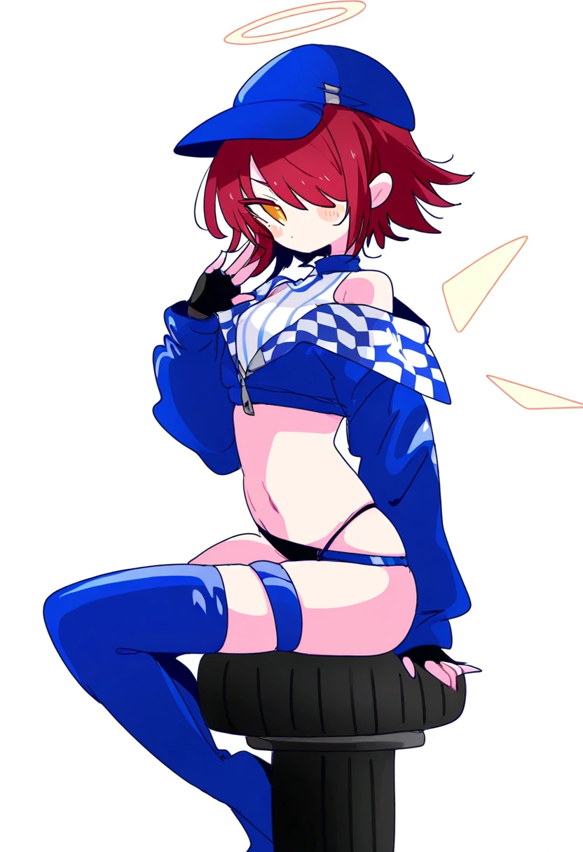 [[signalviolet]],(qi7pi),(baocaizi),[[6 \(yuchae\)]],(tobimura),misha \(ohds101\),(op na yarou),(momose \(oqo\)), - 1girl,exusiai \(arknights\),arknights,black gloves,black panties,blue thigh boots,blue hat,blue jacket,long sleeves,race queen,thigh strap,thong,single bare shoulder,skindentation,tire,