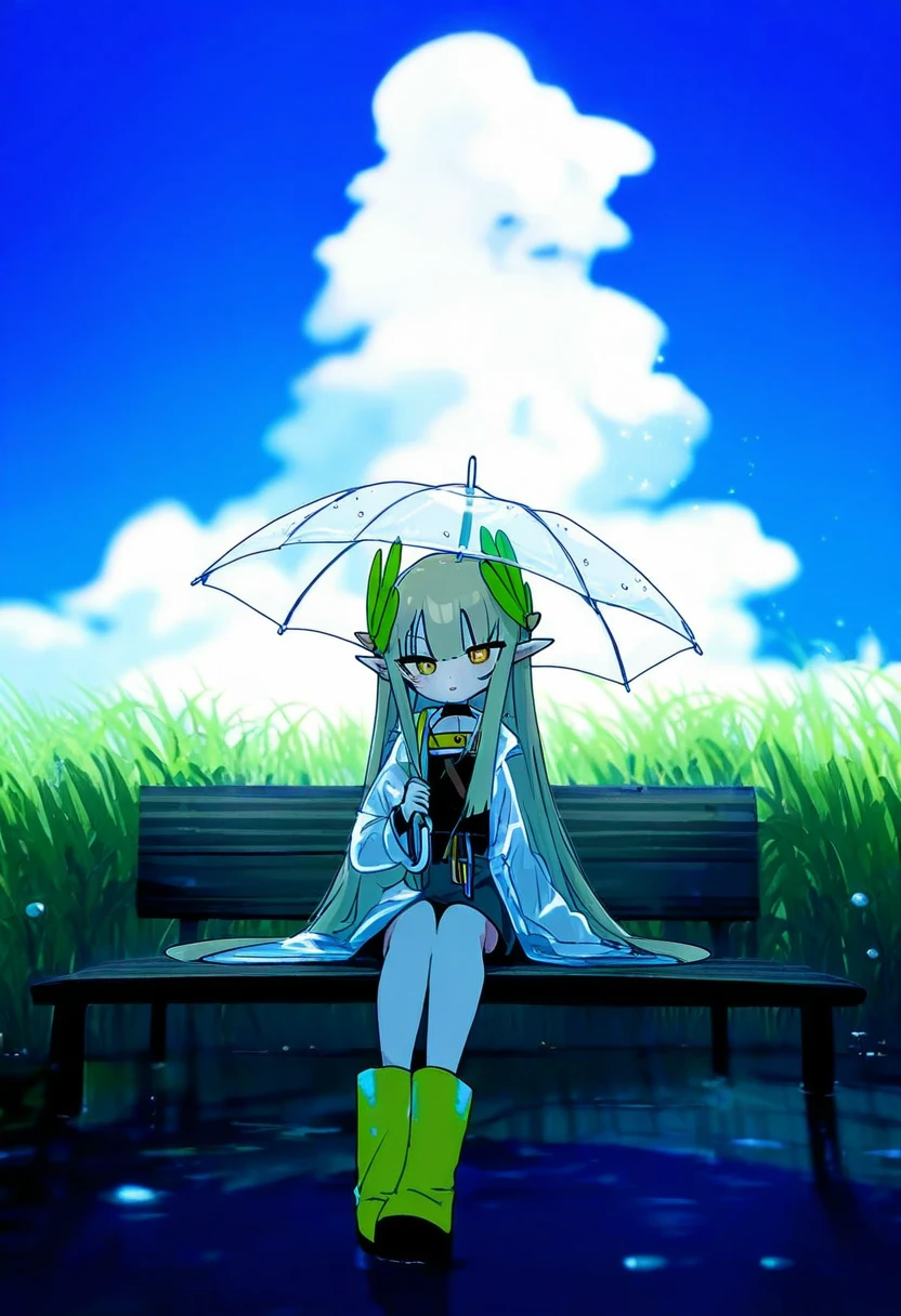 [[signalviolet]],(qi7pi),(baocaizi),[[6 \(yuchae\)]],(tobimura),misha \(ohds101\),(op na yarou),(momose \(oqo\)), - 1girl,muelsyse \(arknights\),arknights,cloudy sky,grass,on bench,outdoors,rain,road,yellow rubber boots,see-through coat,sitting,transparent raincoat,water drop,