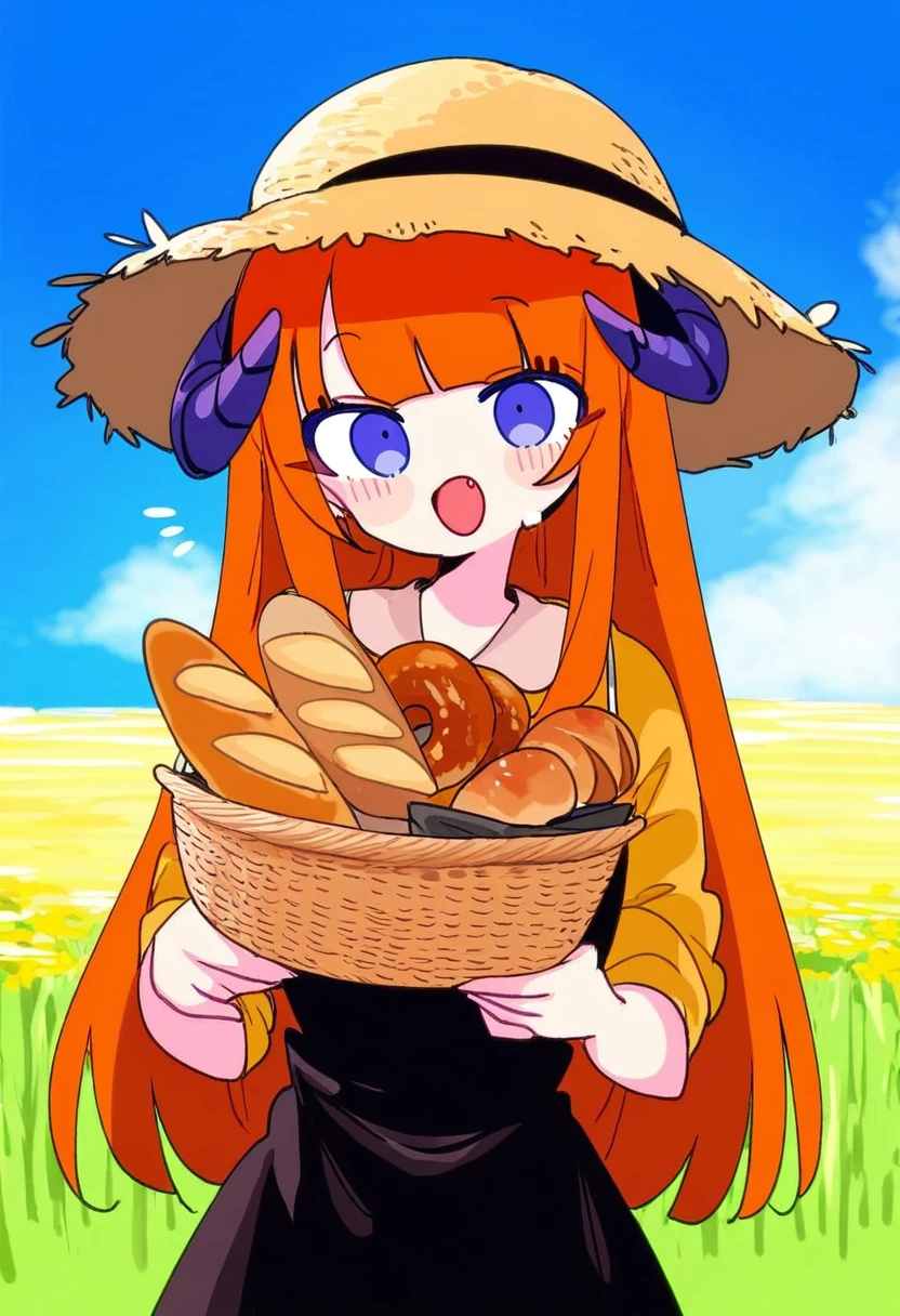 [[signalviolet]],(qi7pi),(baocaizi),[[6 \(yuchae\)]],(tobimura),misha \(ohds101\),(op na yarou),(momose \(oqo\)), - 1girl,bagpipe \(arknights\),arknights,baguette,blush,bread,croissant,holding basket,pretzel,upper body,straw hat,field,sky,laughing,sweat,sunlight,