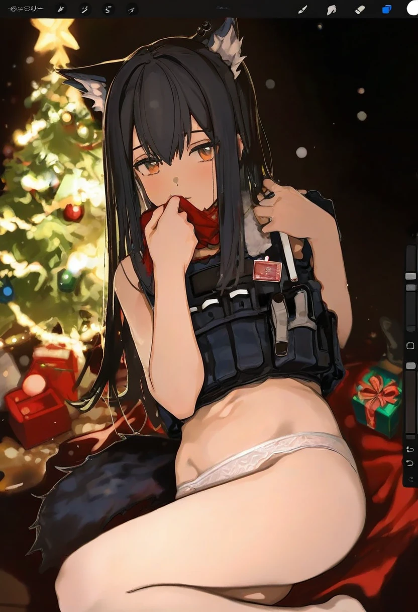 [ashima takumi ],[[ciloranko]],[[wlop]],(misekai 555),(cierra \(ra-bit\)), - 1girl,texas \(arknights\),arknights,underwear,tactical vest,christmas tree,christmas ornaments,