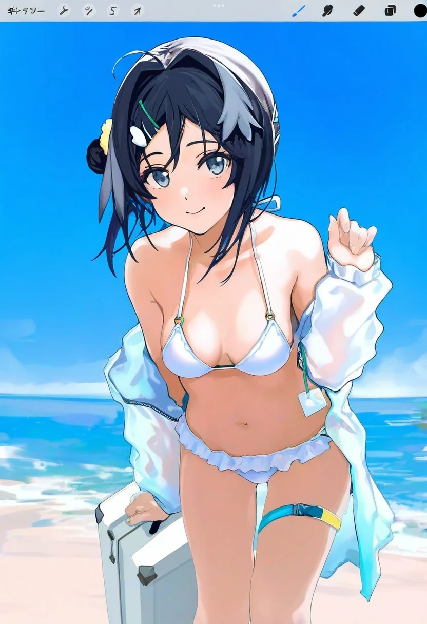 [ashima takumi ],[[ciloranko]],[[wlop]],(misekai 555),(cierra \(ra-bit\)), - 1girl,la pluma \(summer flowers\) \(arknights\),arknights,white bikini,outdoors,navel,day,sky,blue sky,beach,suitcase,looking at viewer,ocean,low-tied long hair,leaning forward,standing,holding,frills,hand up,bare shoulders,floating hair,