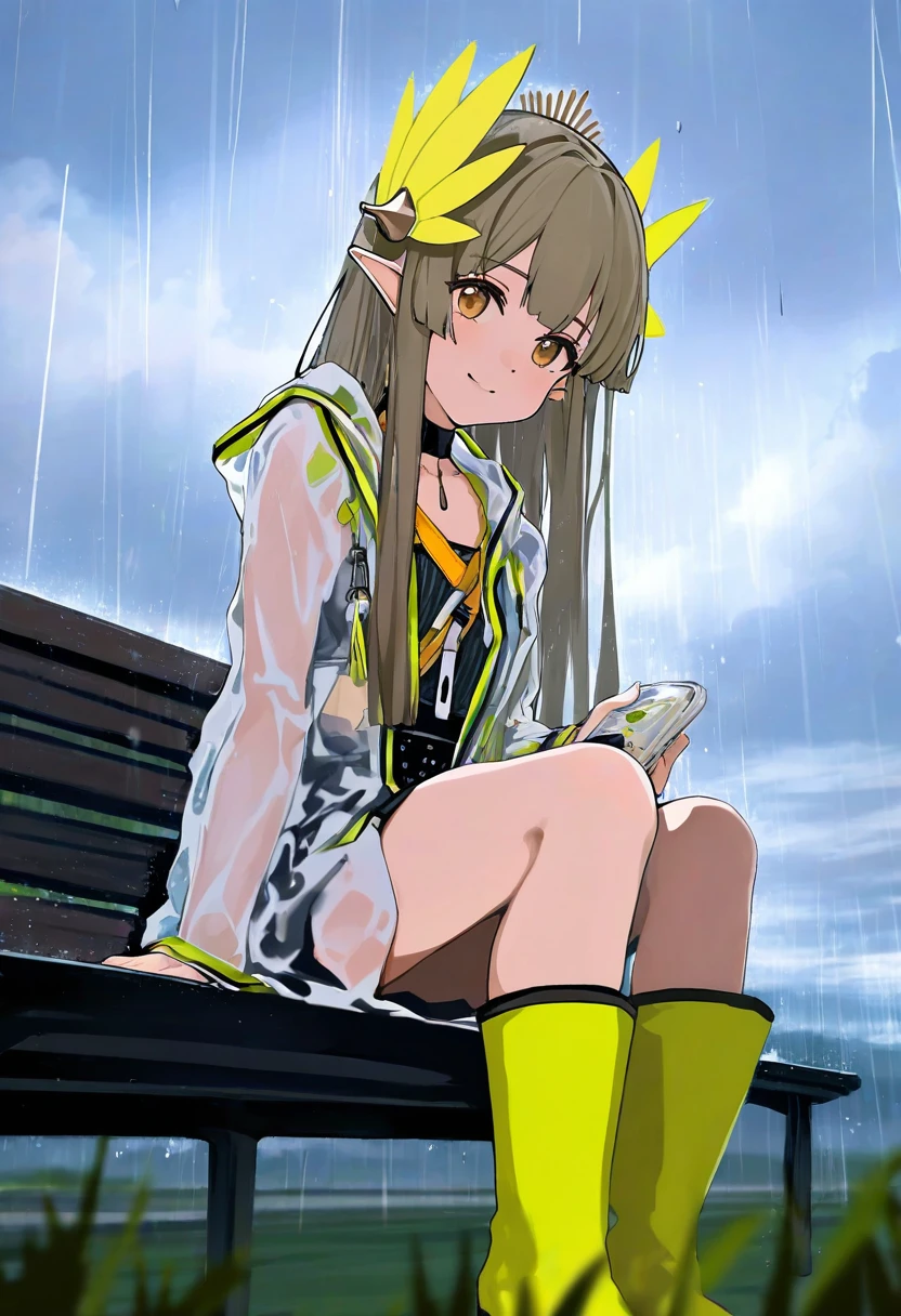 [ashima takumi ],[[ciloranko]],[[wlop]],(misekai 555),(cierra \(ra-bit\)), - 1girl,muelsyse \(arknights\),arknights,cloudy sky,grass,on bench,outdoors,rain,road,yellow rubber boots,see-through coat,sitting,transparent raincoat,water drop,