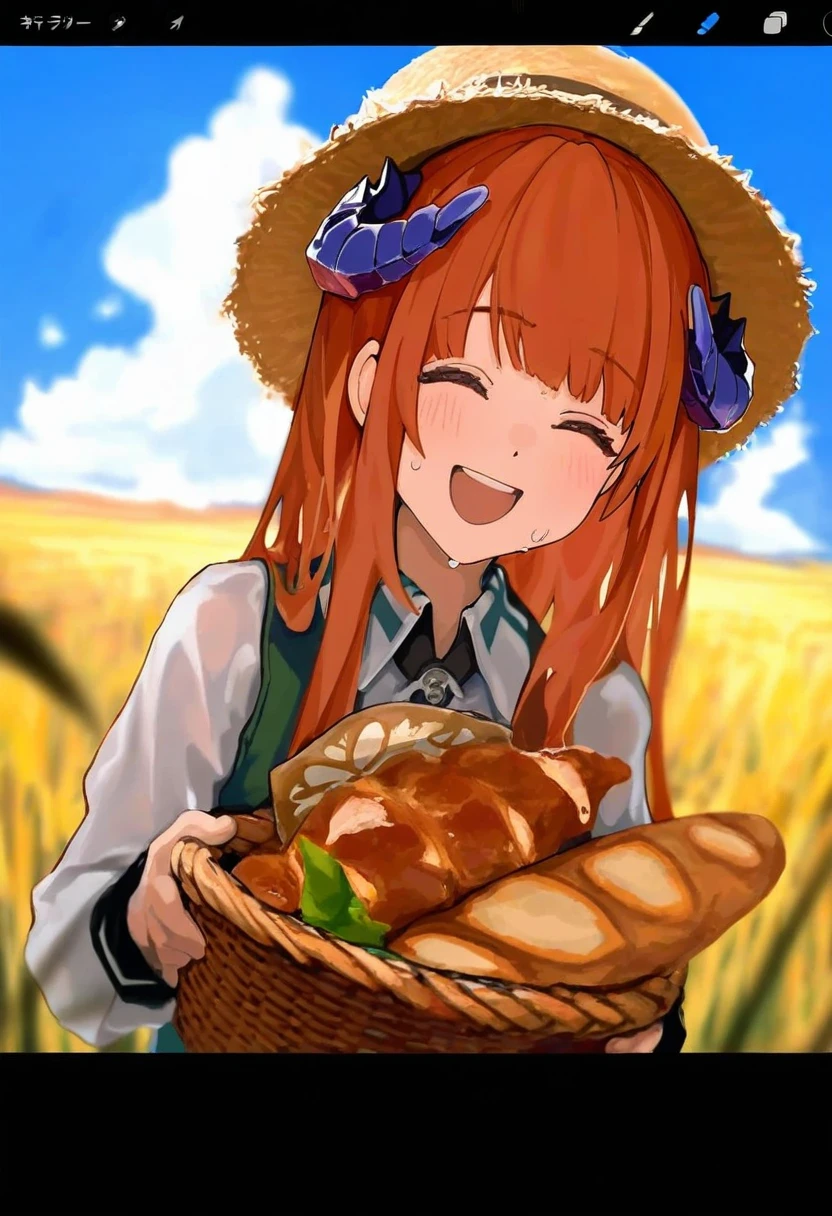 [ashima takumi ],[[ciloranko]],[[wlop]],(misekai 555),(cierra \(ra-bit\)), - 1girl,bagpipe \(arknights\),arknights,baguette,blush,bread,croissant,holding basket,pretzel,upper body,straw hat,field,sky,laughing,sweat,sunlight,