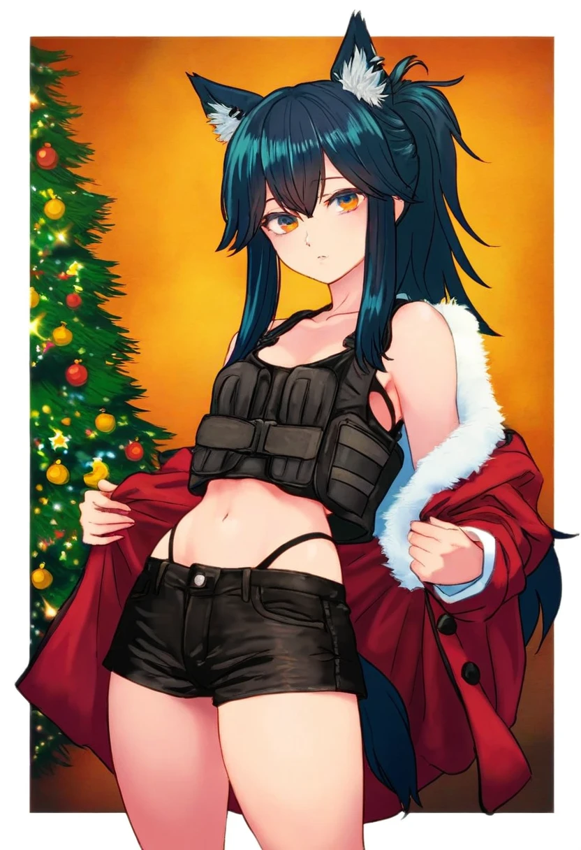 [kita senri],((terrajin)),[[13 \(spice!!\)]],[[tokiwa midori \(kyokutou funamushi\)]],[[phantom ix row]],[tama \(tama-s\)],tenobe,[[203wolves]], - 1girl,texas \(arknights\),arknights,underwear,tactical vest,christmas tree,christmas ornaments,