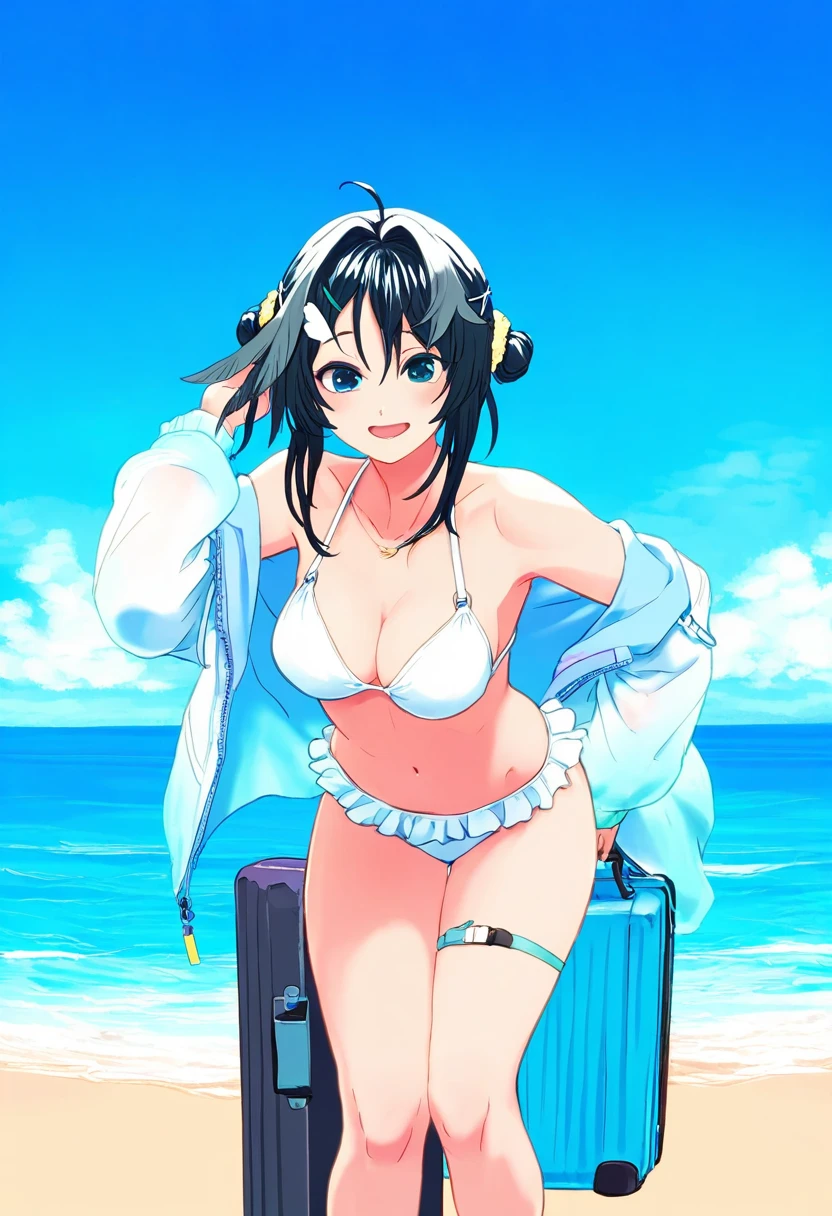 [kita senri],((terrajin)),[[13 \(spice!!\)]],[[tokiwa midori \(kyokutou funamushi\)]],[[phantom ix row]],[tama \(tama-s\)],tenobe,[[203wolves]], - 1girl,la pluma \(summer flowers\) \(arknights\),arknights,white bikini,outdoors,navel,day,sky,blue sky,beach,suitcase,looking at viewer,ocean,low-tied long hair,leaning forward,standing,holding,frills,hand up,bare shoulders,floating hair,