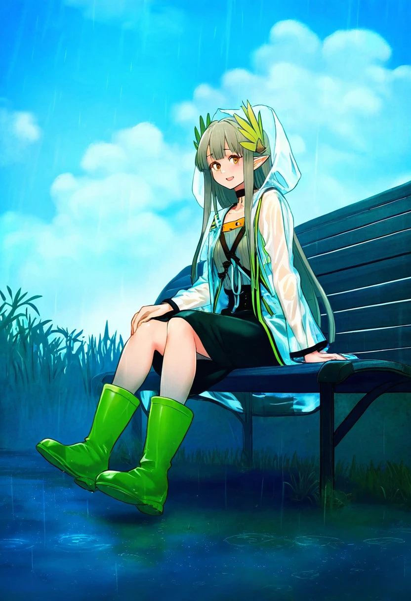 [kita senri],((terrajin)),[[13 \(spice!!\)]],[[tokiwa midori \(kyokutou funamushi\)]],[[phantom ix row]],[tama \(tama-s\)],tenobe,[[203wolves]], - 1girl,muelsyse \(arknights\),arknights,cloudy sky,grass,on bench,outdoors,rain,road,yellow rubber boots,see-through coat,sitting,transparent raincoat,water drop,