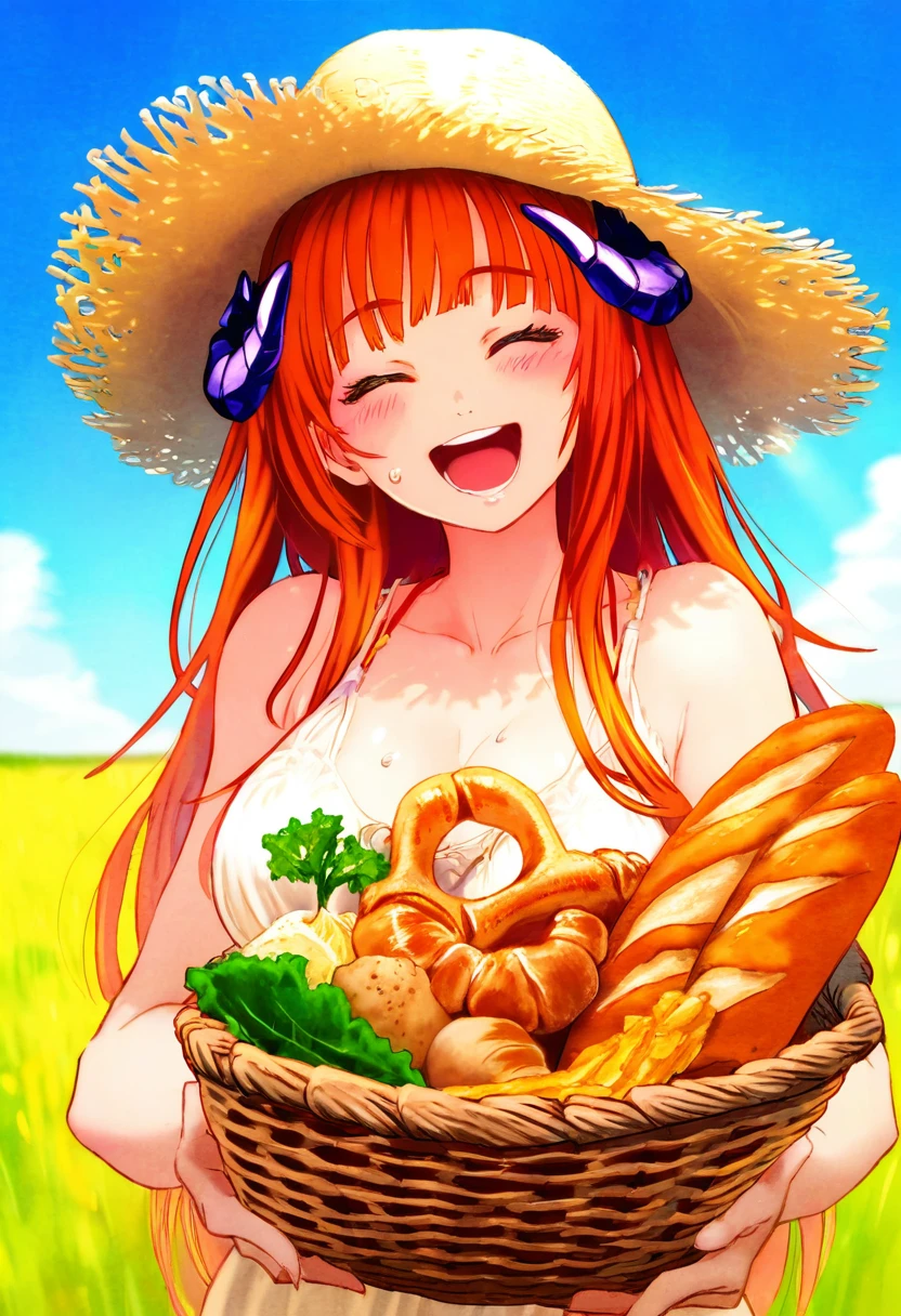 [kita senri],((terrajin)),[[13 \(spice!!\)]],[[tokiwa midori \(kyokutou funamushi\)]],[[phantom ix row]],[tama \(tama-s\)],tenobe,[[203wolves]], - 1girl,bagpipe \(arknights\),arknights,baguette,blush,bread,croissant,holding basket,pretzel,upper body,straw hat,field,sky,laughing,sweat,sunlight,