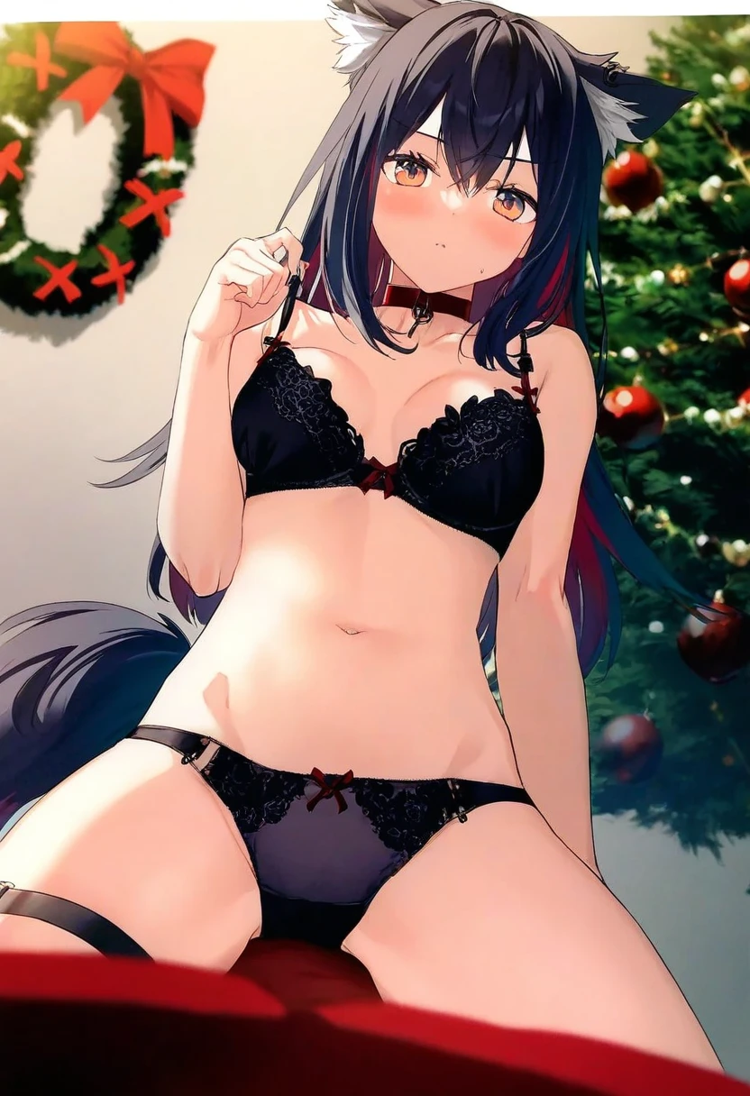 [matanonki],topia,poprication,((barbarian tk)),(nagishiro mito),[liduke],toosaka asagi,(kazepana), - 1girl,texas \(arknights\),arknights,underwear,tactical vest,christmas tree,christmas ornaments,