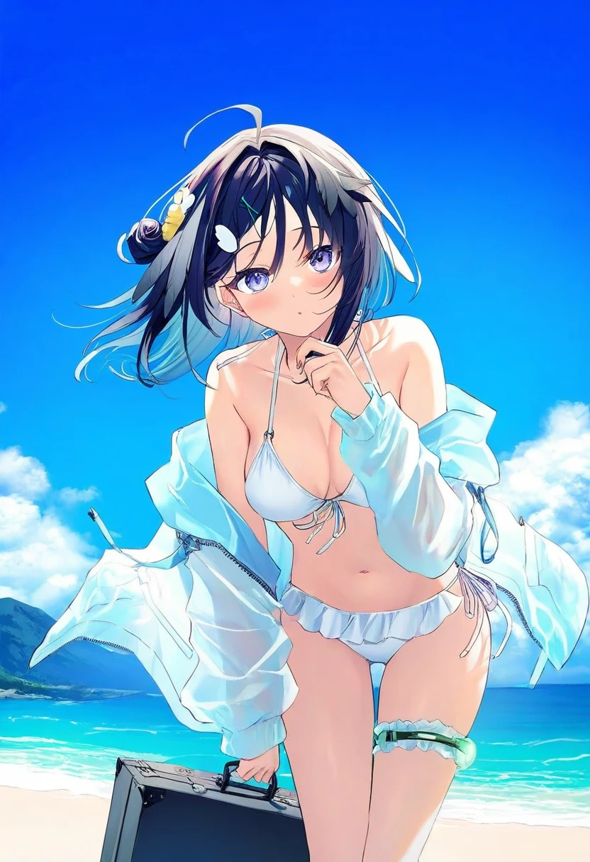 [matanonki],topia,poprication,((barbarian tk)),(nagishiro mito),[liduke],toosaka asagi,(kazepana), - 1girl,la pluma \(summer flowers\) \(arknights\),arknights,white bikini,outdoors,navel,day,sky,blue sky,beach,suitcase,looking at viewer,ocean,low-tied long hair,leaning forward,standing,holding,frills,hand up,bare shoulders,floating hair,