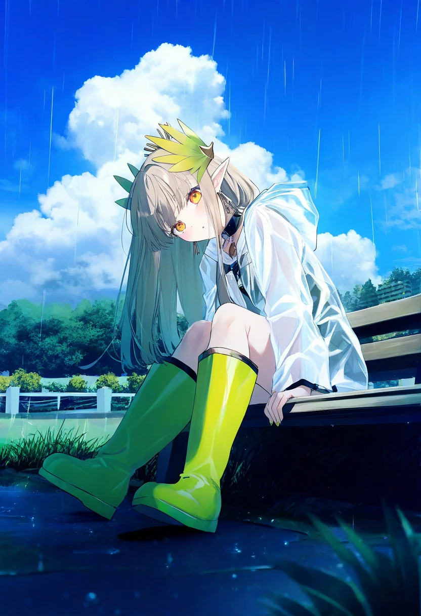 [matanonki],topia,poprication,((barbarian tk)),(nagishiro mito),[liduke],toosaka asagi,(kazepana), - 1girl,muelsyse \(arknights\),arknights,cloudy sky,grass,on bench,outdoors,rain,road,yellow rubber boots,see-through coat,sitting,transparent raincoat,water drop,