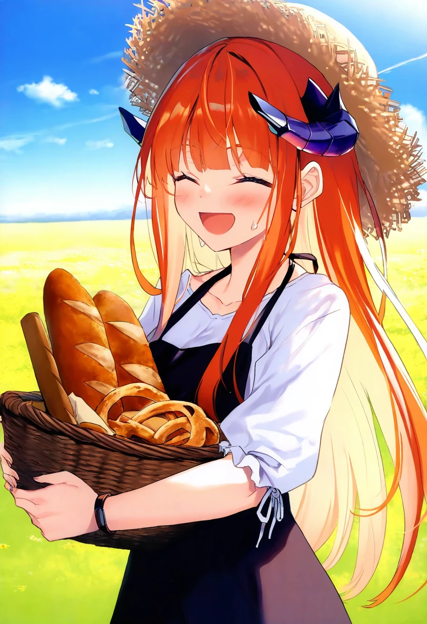 [matanonki],topia,poprication,((barbarian tk)),(nagishiro mito),[liduke],toosaka asagi,(kazepana), - 1girl,bagpipe \(arknights\),arknights,baguette,blush,bread,croissant,holding basket,pretzel,upper body,straw hat,field,sky,laughing,sweat,sunlight,