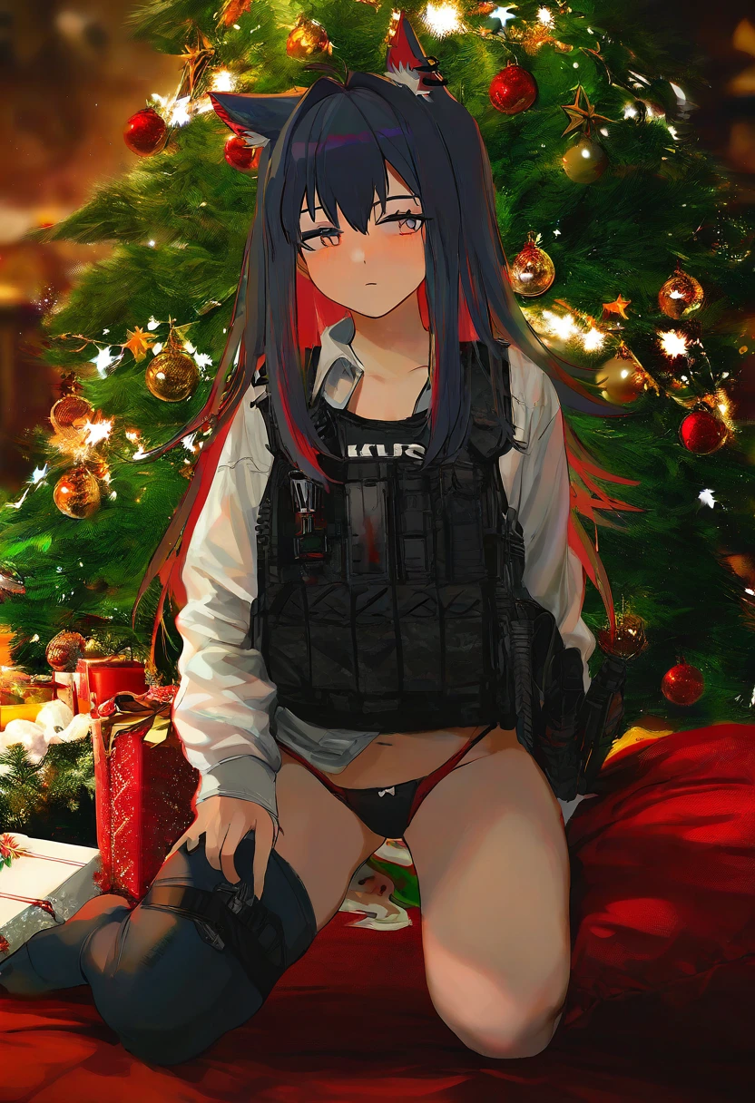 [nadegata],[k00s],(namie),[k00s],[[terupancake]],shimhaq,[[tsunako]],[rosuuri], - 1girl,texas \(arknights\),arknights,underwear,tactical vest,christmas tree,christmas ornaments,