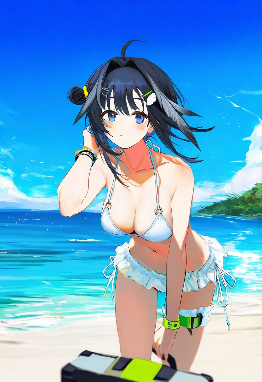 [nadegata],[k00s],(namie),[k00s],[[terupancake]],shimhaq,[[tsunako]],[rosuuri], - 1girl,la pluma \(summer flowers\) \(arknights\),arknights,white bikini,outdoors,navel,day,sky,blue sky,beach,suitcase,looking at viewer,ocean,low-tied long hair,leaning forward,standing,holding,frills,hand up,bare shoulders,floating hair,