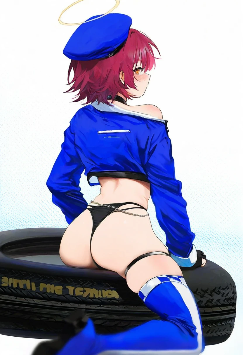 [nadegata],[k00s],(namie),[k00s],[[terupancake]],shimhaq,[[tsunako]],[rosuuri], - 1girl,exusiai \(arknights\),arknights,black gloves,black panties,blue thigh boots,blue hat,blue jacket,long sleeves,race queen,thigh strap,thong,single bare shoulder,skindentation,tire,