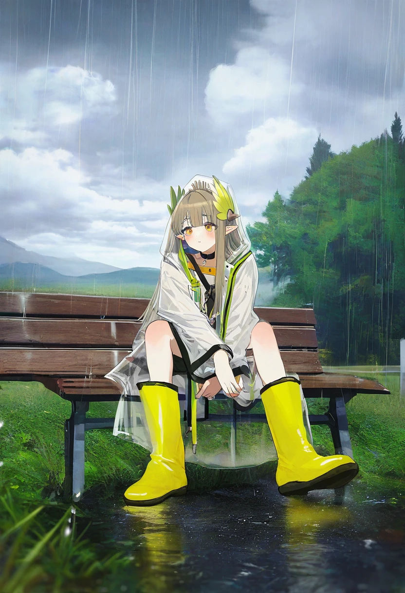 [nadegata],[k00s],(namie),[k00s],[[terupancake]],shimhaq,[[tsunako]],[rosuuri], - 1girl,muelsyse \(arknights\),arknights,cloudy sky,grass,on bench,outdoors,rain,road,yellow rubber boots,see-through coat,sitting,transparent raincoat,water drop,