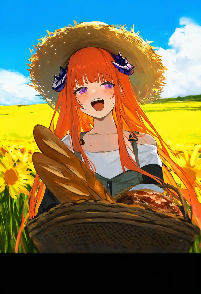 [nadegata],[k00s],(namie),[k00s],[[terupancake]],shimhaq,[[tsunako]],[rosuuri], - 1girl,bagpipe \(arknights\),arknights,baguette,blush,bread,croissant,holding basket,pretzel,upper body,straw hat,field,sky,laughing,sweat,sunlight,