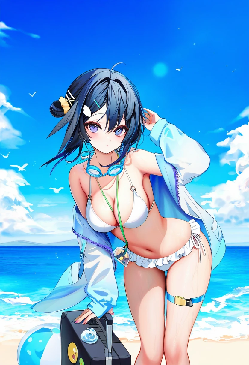 [naruse hirofumi],((houkisei)),[[shikimi \(yurakuru\)]],((nekojira)),[sheya],[quan \(kurisu tina\)],[[nyum]],((rkrk)), - 1girl,la pluma \(summer flowers\) \(arknights\),arknights,white bikini,outdoors,navel,day,sky,blue sky,beach,suitcase,looking at viewer,ocean,low-tied long hair,leaning forward,standing,holding,frills,hand up,bare shoulders,floating hair,