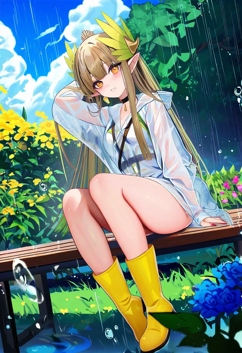 [naruse hirofumi],((houkisei)),[[shikimi \(yurakuru\)]],((nekojira)),[sheya],[quan \(kurisu tina\)],[[nyum]],((rkrk)), - 1girl,muelsyse \(arknights\),arknights,cloudy sky,grass,on bench,outdoors,rain,road,yellow rubber boots,see-through coat,sitting,transparent raincoat,water drop,