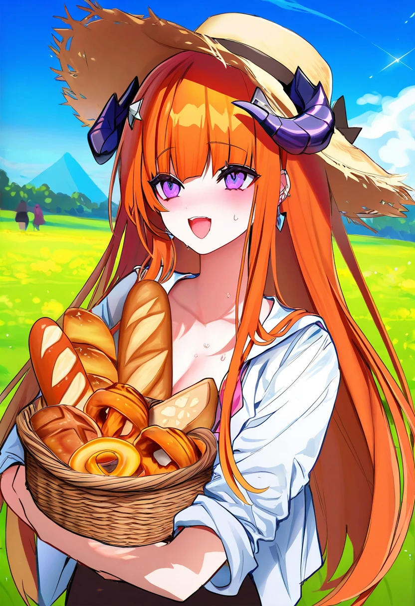 [naruse hirofumi],((houkisei)),[[shikimi \(yurakuru\)]],((nekojira)),[sheya],[quan \(kurisu tina\)],[[nyum]],((rkrk)), - 1girl,bagpipe \(arknights\),arknights,baguette,blush,bread,croissant,holding basket,pretzel,upper body,straw hat,field,sky,laughing,sweat,sunlight,