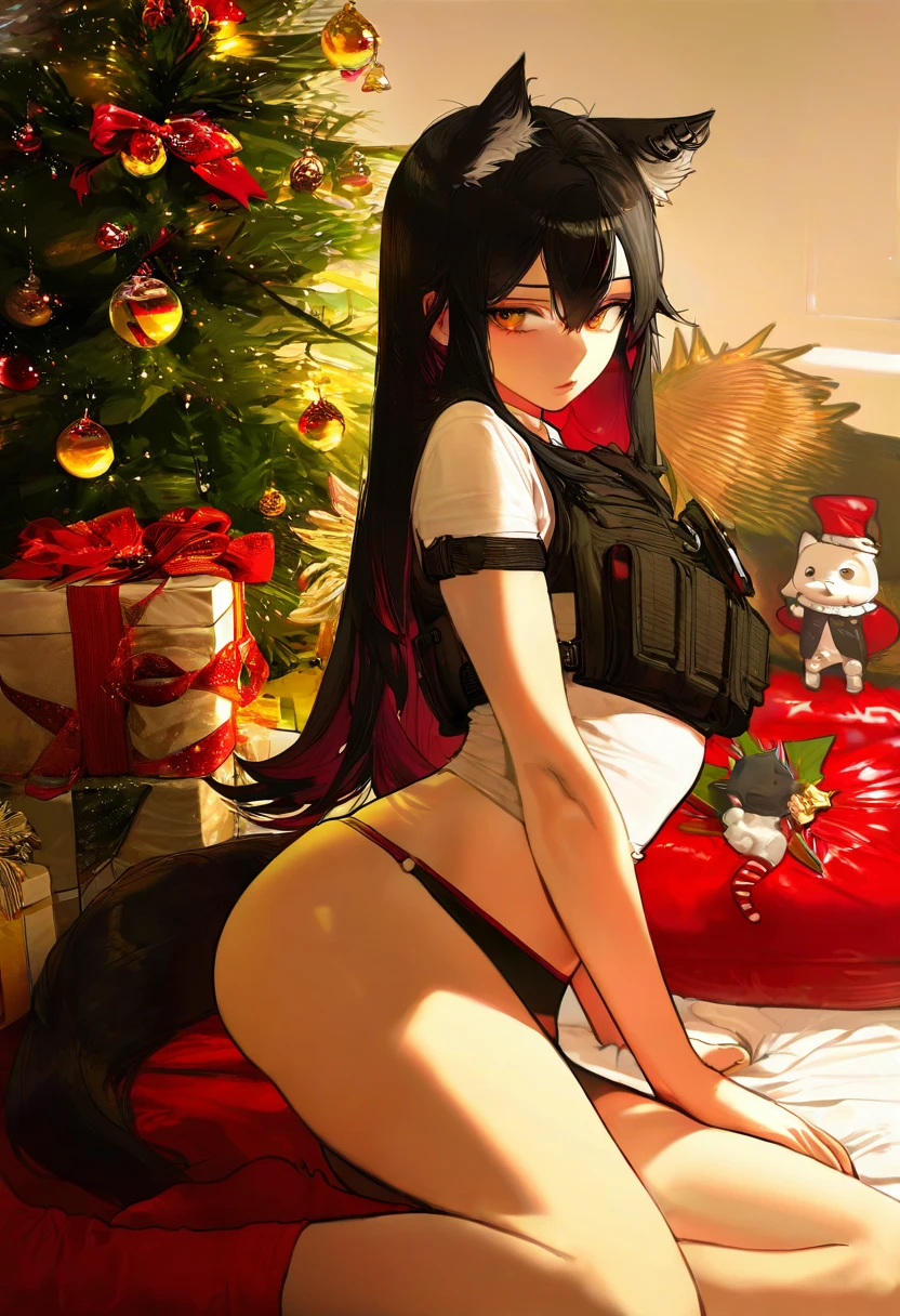 nekojira,pigeon666,ohisashiburi,[agoto,ask\(askzy\)], - 1girl,texas \(arknights\),arknights,underwear,tactical vest,christmas tree,christmas ornaments,