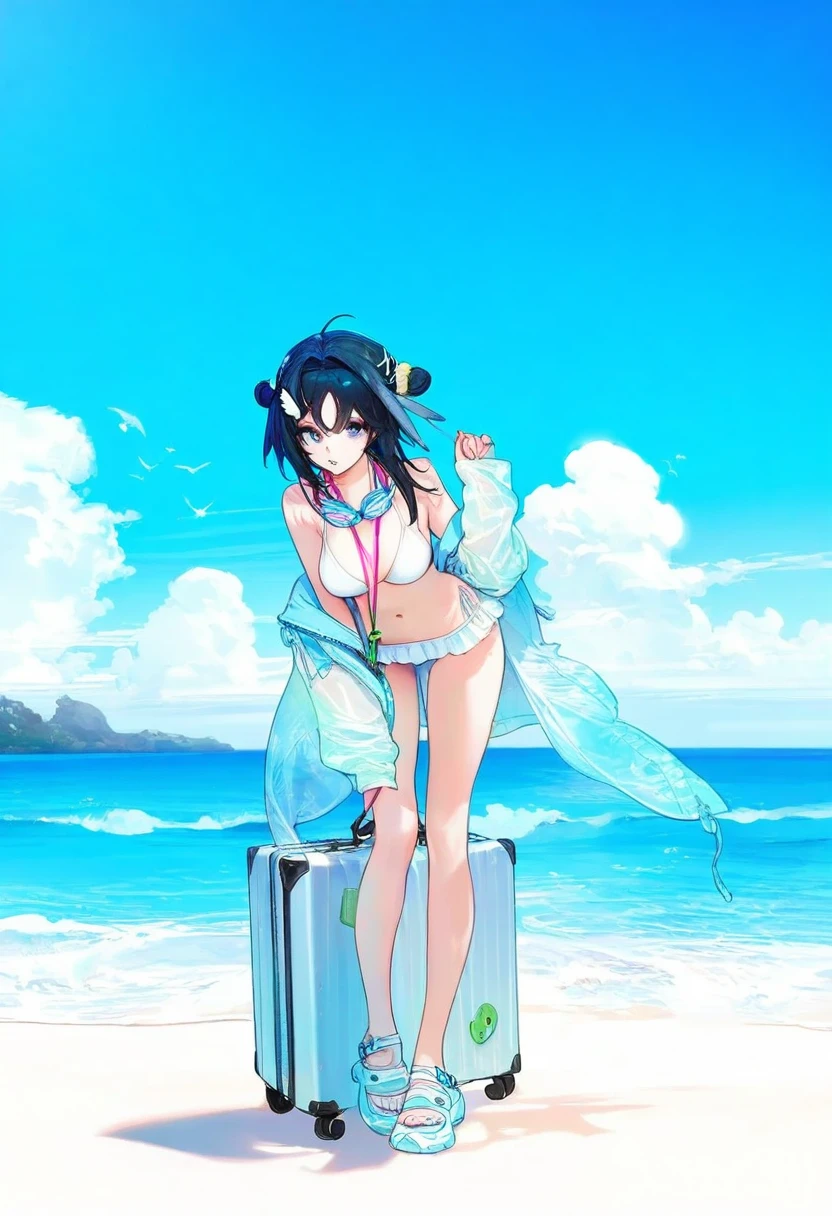 nekojira,pigeon666,ohisashiburi,[agoto,ask\(askzy\)], - 1girl,la pluma \(summer flowers\) \(arknights\),arknights,white bikini,outdoors,navel,day,sky,blue sky,beach,suitcase,looking at viewer,ocean,low-tied long hair,leaning forward,standing,holding,frills,hand up,bare shoulders,floating hair,