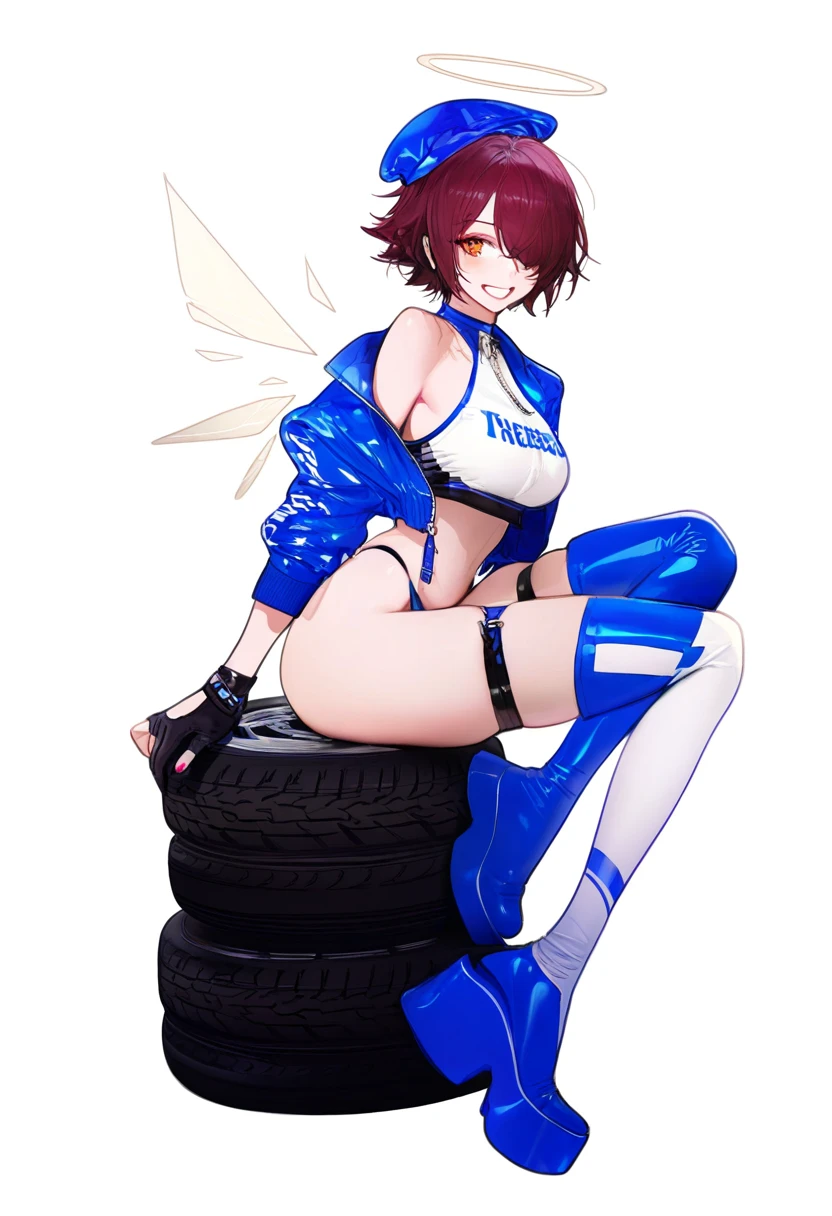 nekojira,pigeon666,ohisashiburi,[agoto,ask\(askzy\)], - 1girl,exusiai \(arknights\),arknights,black gloves,black panties,blue thigh boots,blue hat,blue jacket,long sleeves,race queen,thigh strap,thong,single bare shoulder,skindentation,tire,