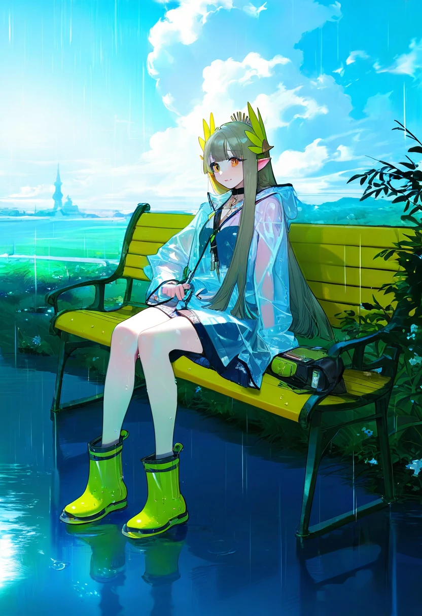 nekojira,pigeon666,ohisashiburi,[agoto,ask\(askzy\)], - 1girl,muelsyse \(arknights\),arknights,cloudy sky,grass,on bench,outdoors,rain,road,yellow rubber boots,see-through coat,sitting,transparent raincoat,water drop,