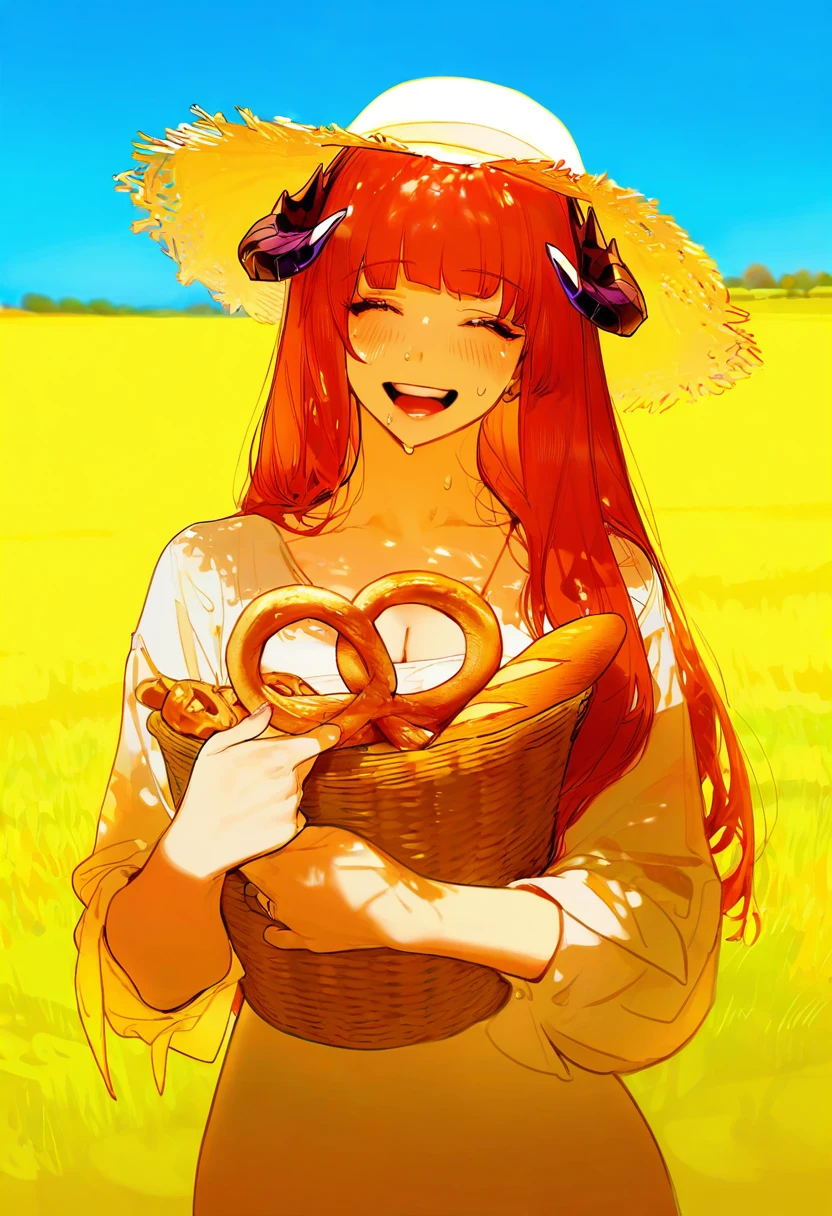 nekojira,pigeon666,ohisashiburi,[agoto,ask\(askzy\)], - 1girl,bagpipe \(arknights\),arknights,baguette,blush,bread,croissant,holding basket,pretzel,upper body,straw hat,field,sky,laughing,sweat,sunlight,