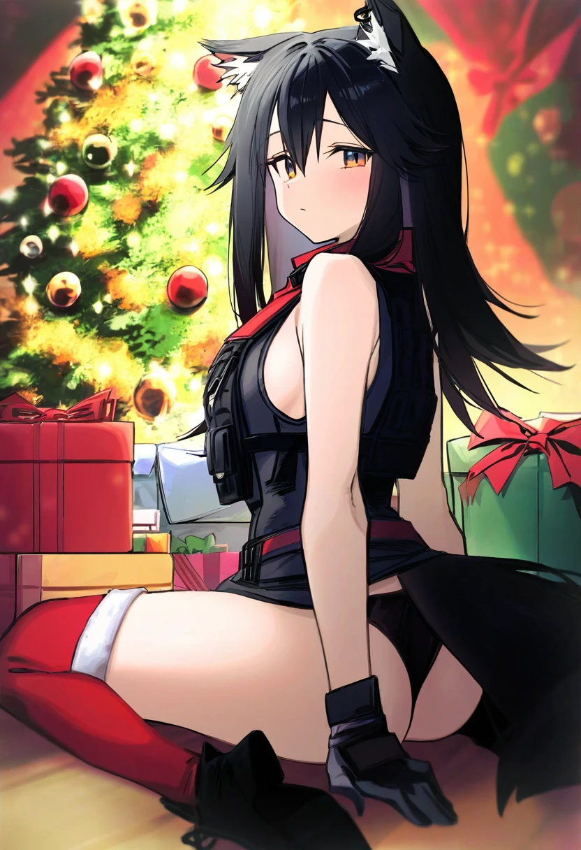 [popqn],[[hisona \(suaritesumi\)]],syhan,ribiadan,[kitaku \(nakamachi machi\)],[[morino hon]],(10mo),(coyucom), - 1girl,texas \(arknights\),arknights,underwear,tactical vest,christmas tree,christmas ornaments,