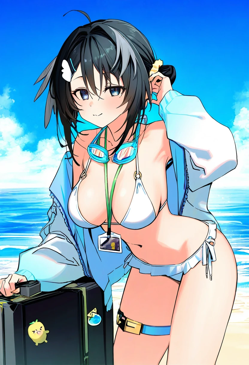 [popqn],[[hisona \(suaritesumi\)]],syhan,ribiadan,[kitaku \(nakamachi machi\)],[[morino hon]],(10mo),(coyucom), - 1girl,la pluma \(summer flowers\) \(arknights\),arknights,white bikini,outdoors,navel,day,sky,blue sky,beach,suitcase,looking at viewer,ocean,low-tied long hair,leaning forward,standing,holding,frills,hand up,bare shoulders,floating hair,