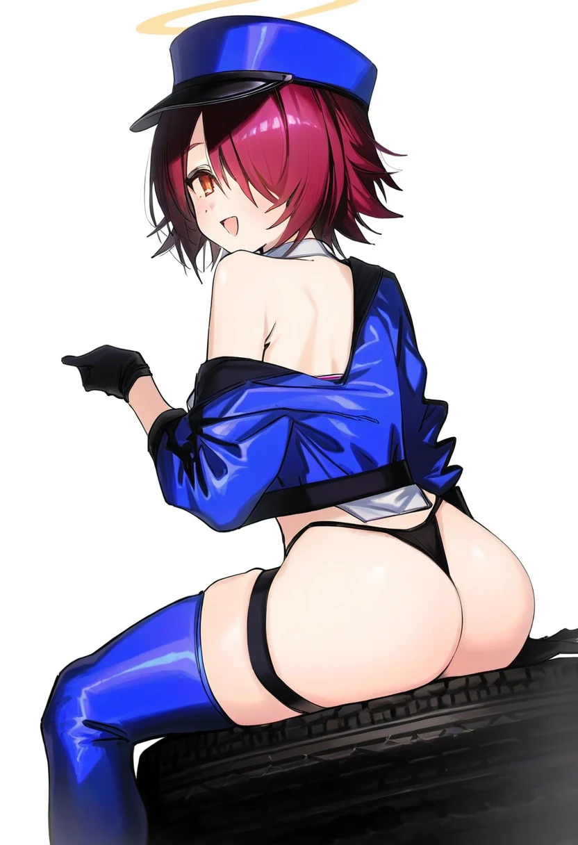 [popqn],[[hisona \(suaritesumi\)]],syhan,ribiadan,[kitaku \(nakamachi machi\)],[[morino hon]],(10mo),(coyucom), - 1girl,exusiai \(arknights\),arknights,black gloves,black panties,blue thigh boots,blue hat,blue jacket,long sleeves,race queen,thigh strap,thong,single bare shoulder,skindentation,tire,