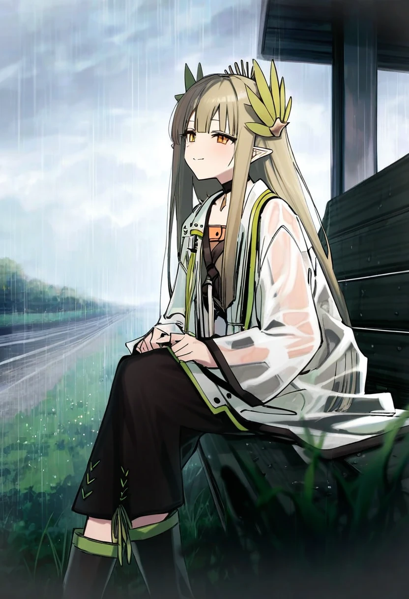 [popqn],[[hisona \(suaritesumi\)]],syhan,ribiadan,[kitaku \(nakamachi machi\)],[[morino hon]],(10mo),(coyucom), - 1girl,muelsyse \(arknights\),arknights,cloudy sky,grass,on bench,outdoors,rain,road,yellow rubber boots,see-through coat,sitting,transparent raincoat,water drop,