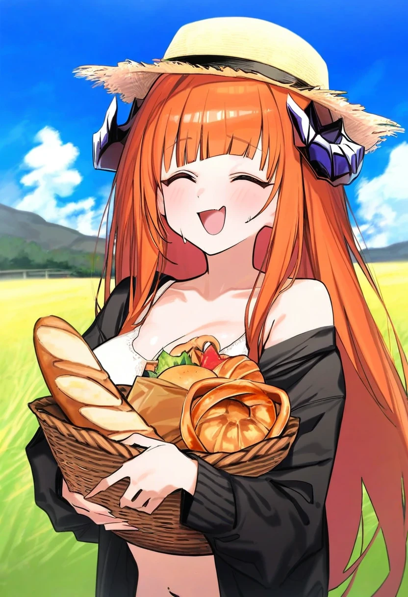 [popqn],[[hisona \(suaritesumi\)]],syhan,ribiadan,[kitaku \(nakamachi machi\)],[[morino hon]],(10mo),(coyucom), - 1girl,bagpipe \(arknights\),arknights,baguette,blush,bread,croissant,holding basket,pretzel,upper body,straw hat,field,sky,laughing,sweat,sunlight,