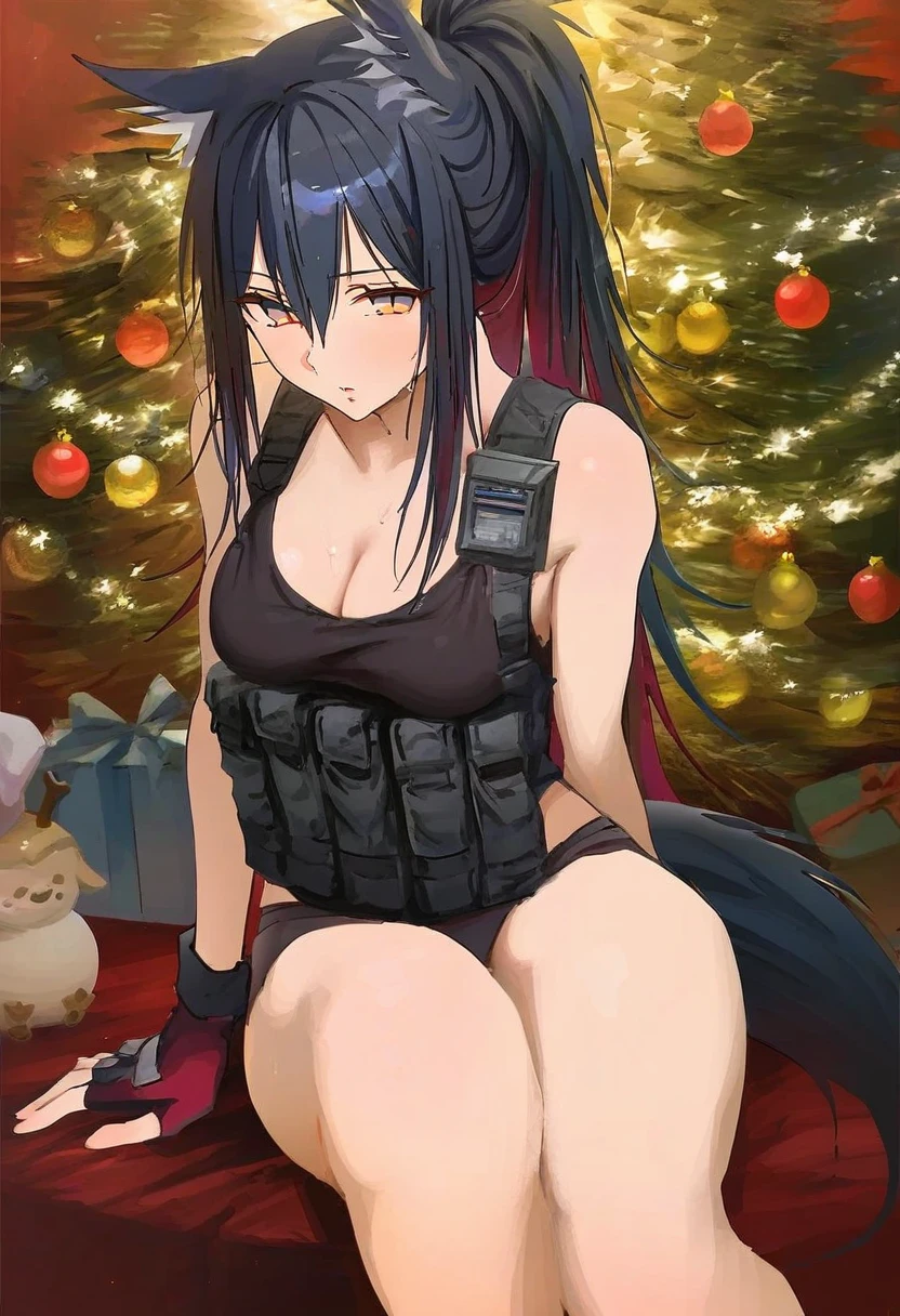 [shouu-kun],qosic,[[gearous]],piripun,((colis)),(ponytail korosuke),[[naruse hirofumi]],((hxxg)), - 1girl,texas \(arknights\),arknights,underwear,tactical vest,christmas tree,christmas ornaments,