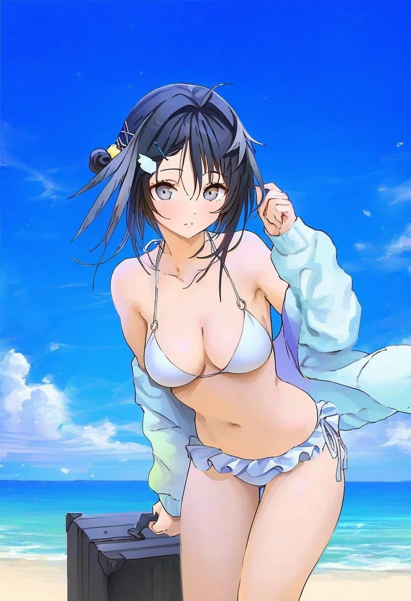 [shouu-kun],qosic,[[gearous]],piripun,((colis)),(ponytail korosuke),[[naruse hirofumi]],((hxxg)), - 1girl,la pluma \(summer flowers\) \(arknights\),arknights,white bikini,outdoors,navel,day,sky,blue sky,beach,suitcase,looking at viewer,ocean,low-tied long hair,leaning forward,standing,holding,frills,hand up,bare shoulders,floating hair,