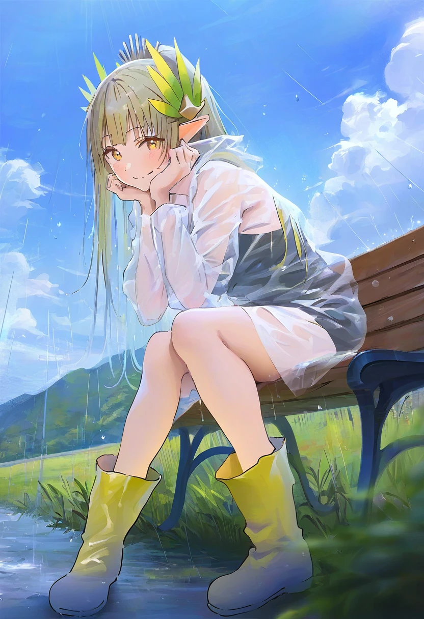 [shouu-kun],qosic,[[gearous]],piripun,((colis)),(ponytail korosuke),[[naruse hirofumi]],((hxxg)), - 1girl,muelsyse \(arknights\),arknights,cloudy sky,grass,on bench,outdoors,rain,road,yellow rubber boots,see-through coat,sitting,transparent raincoat,water drop,