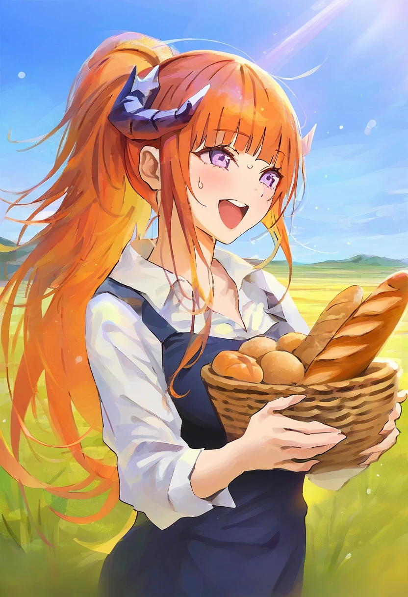 [shouu-kun],qosic,[[gearous]],piripun,((colis)),(ponytail korosuke),[[naruse hirofumi]],((hxxg)), - 1girl,bagpipe \(arknights\),arknights,baguette,blush,bread,croissant,holding basket,pretzel,upper body,straw hat,field,sky,laughing,sweat,sunlight,