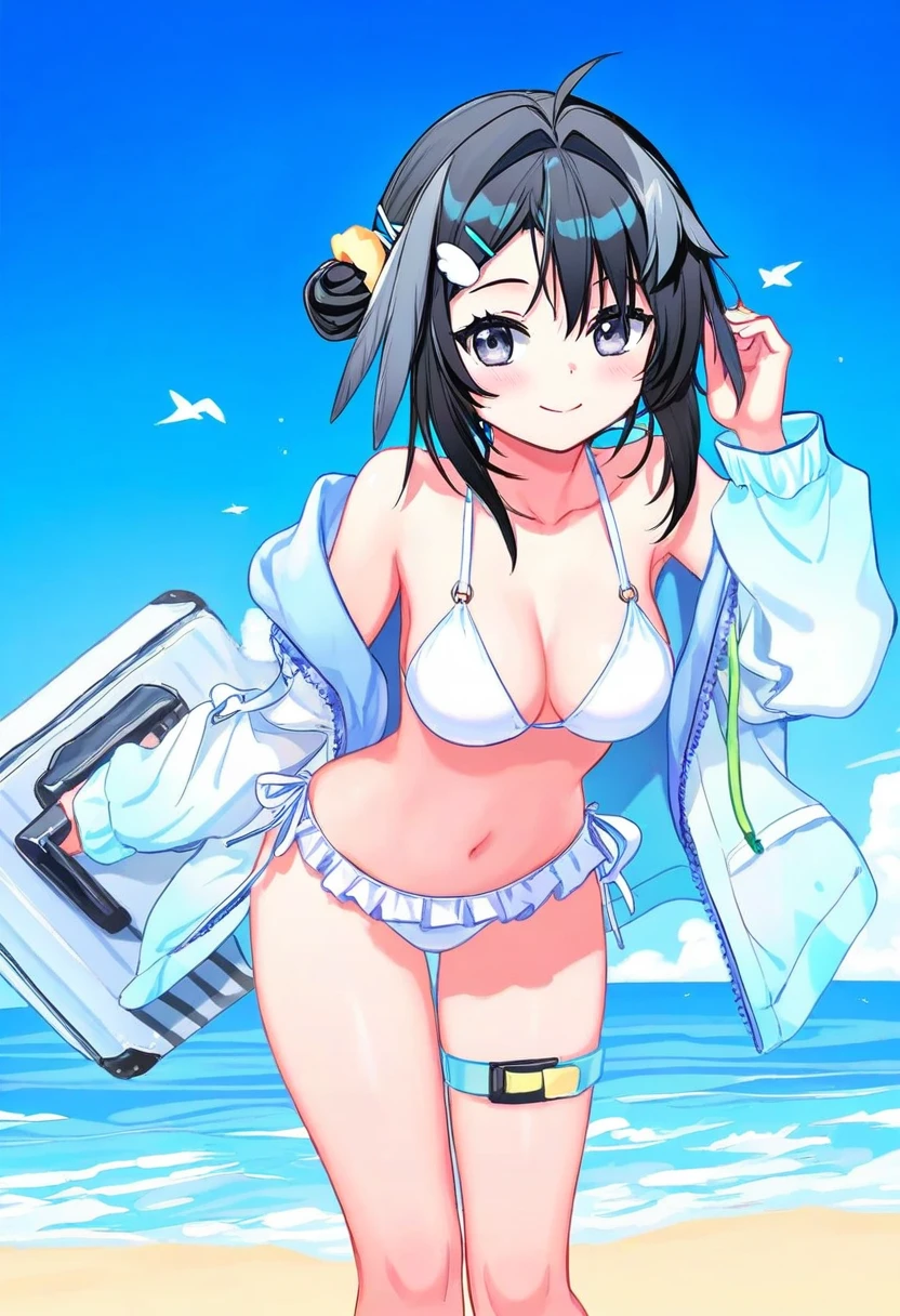 ((deadnooodles)),((atdan)),[hua hua de meme],[re ghotion],[mamuru],hori \(hori no su\),[[kuzuvine]],(sho \(sho lwlw\)), - 1girl,la pluma \(summer flowers\) \(arknights\),arknights,white bikini,outdoors,navel,day,sky,blue sky,beach,suitcase,looking at viewer,ocean,low-tied long hair,leaning forward,standing,holding,frills,hand up,bare shoulders,floating hair,