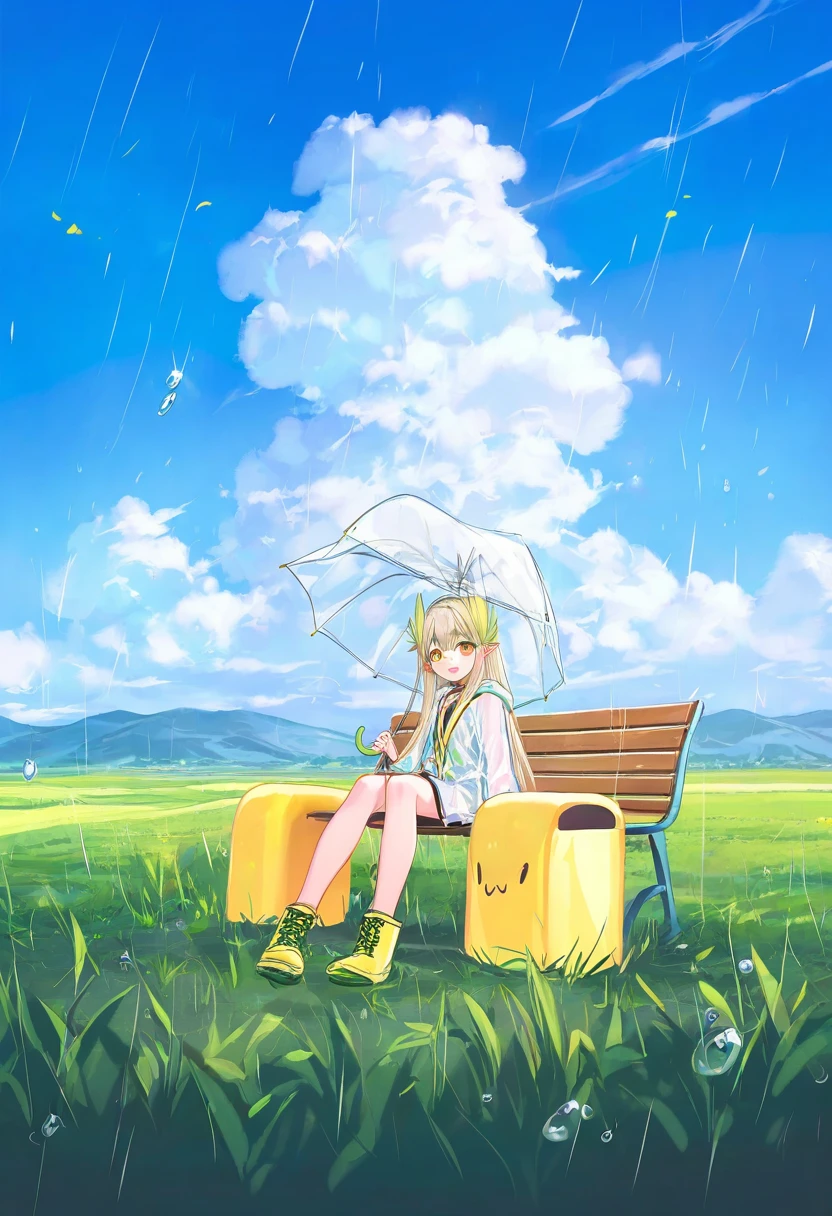 ((deadnooodles)),((atdan)),[hua hua de meme],[re ghotion],[mamuru],hori \(hori no su\),[[kuzuvine]],(sho \(sho lwlw\)), - 1girl,muelsyse \(arknights\),arknights,cloudy sky,grass,on bench,outdoors,rain,road,yellow rubber boots,see-through coat,sitting,transparent raincoat,water drop,