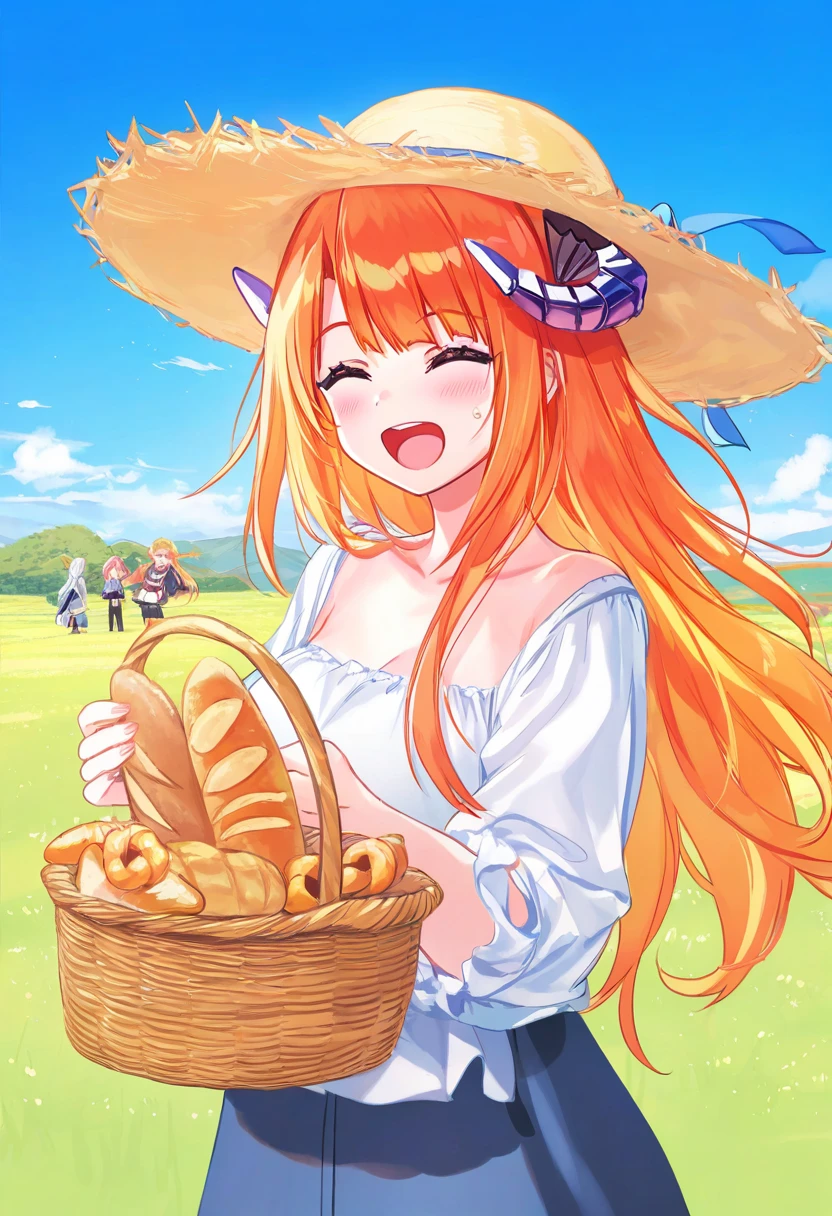 ((deadnooodles)),((atdan)),[hua hua de meme],[re ghotion],[mamuru],hori \(hori no su\),[[kuzuvine]],(sho \(sho lwlw\)), - 1girl,bagpipe \(arknights\),arknights,baguette,blush,bread,croissant,holding basket,pretzel,upper body,straw hat,field,sky,laughing,sweat,sunlight,