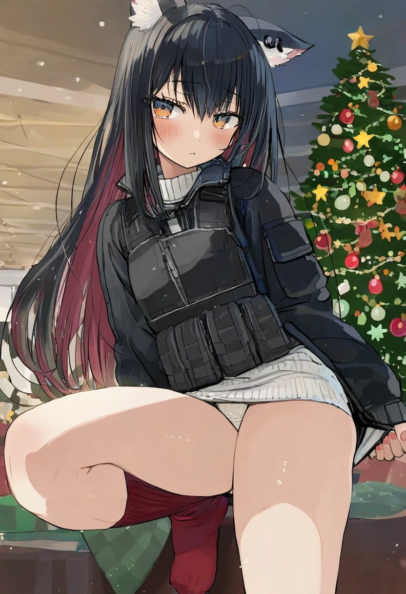 ((ebimomo)),[wata \(attaka towel\)],[[shnva]],[[deadnooodles]],((saitou naoki)),koi \(koisan\),idkuroi,(ran'ou \(tamago no kimi\)), - 1girl,texas \(arknights\),arknights,underwear,tactical vest,christmas tree,christmas ornaments,