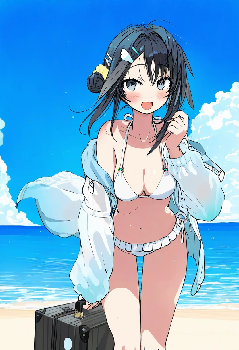 ((ebimomo)),[wata \(attaka towel\)],[[shnva]],[[deadnooodles]],((saitou naoki)),koi \(koisan\),idkuroi,(ran'ou \(tamago no kimi\)), - 1girl,la pluma \(summer flowers\) \(arknights\),arknights,white bikini,outdoors,navel,day,sky,blue sky,beach,suitcase,looking at viewer,ocean,low-tied long hair,leaning forward,standing,holding,frills,hand up,bare shoulders,floating hair,